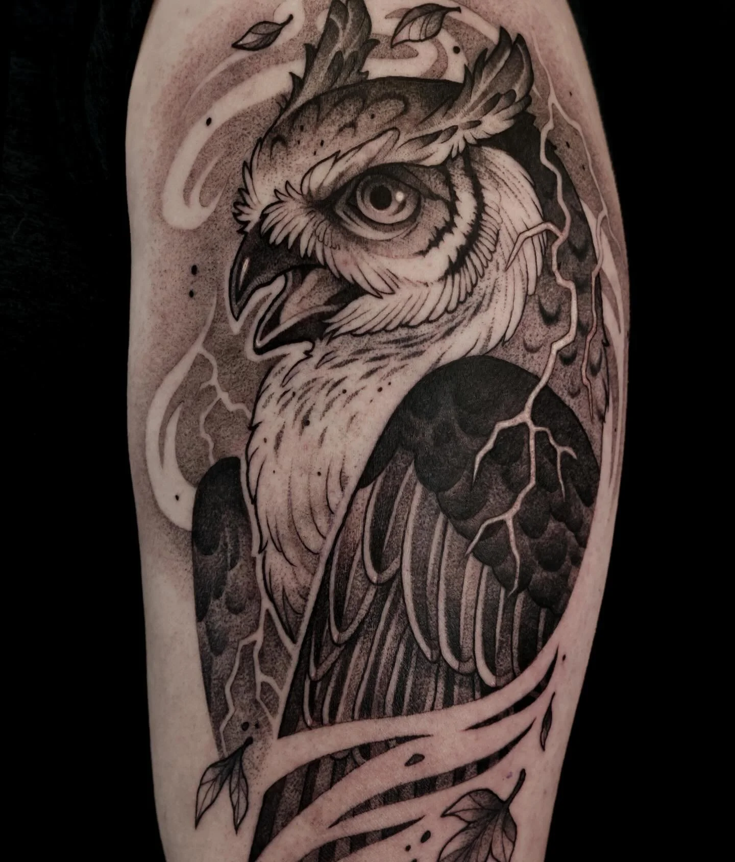 Stormy owl! 🦉
My cousin drove all the way from White Rock to get his FIRST tattoo with me. He&rsquo;s been cooking this idea for a hot minute, so I&rsquo;m so happy I got to be the one to do it for him! We almost did it all in one session, but ended