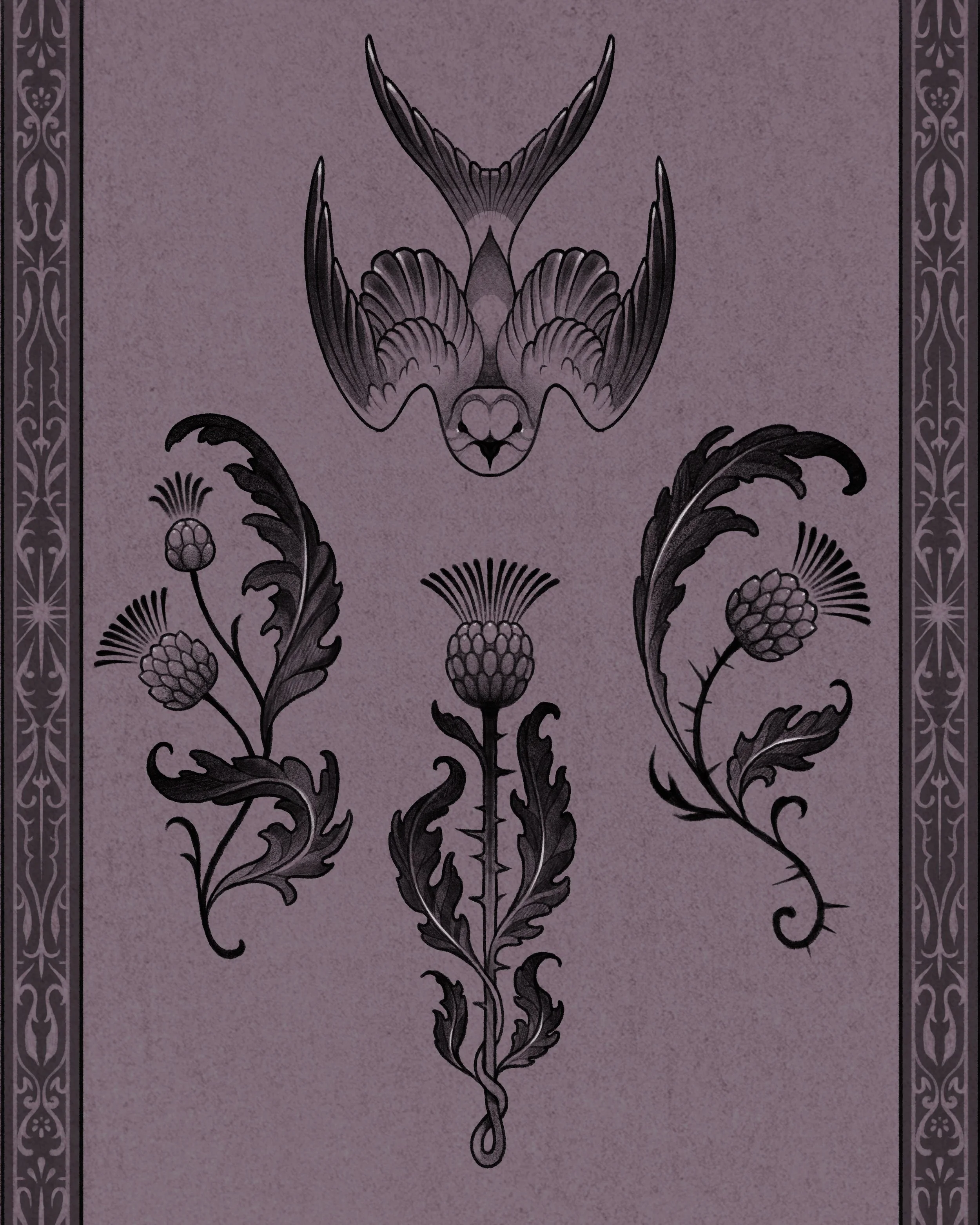 BOOKING INFO AND AVAILABILITY BELOW!

Finally had the time to relax and draw up some flash and figured thistles would be an inspired place to start! These are all loosely inspired by brooches and other old jewelry.

To claim any of these, please scre