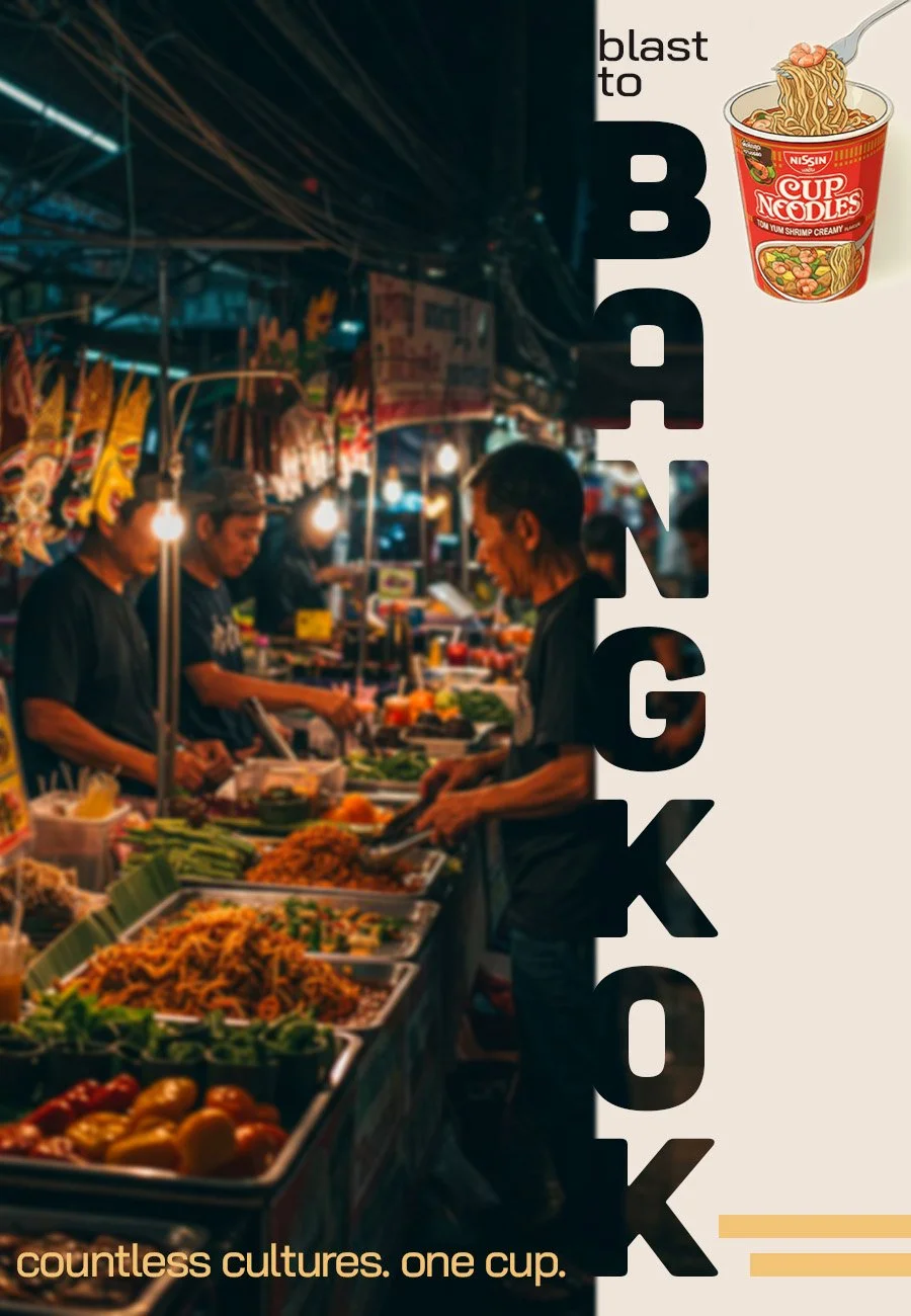 A vibrant night market scene with stalls selling various foods, illuminated by hanging lights, and people shopping. A promotional poster on the side features an image of a cup of instant noodles.