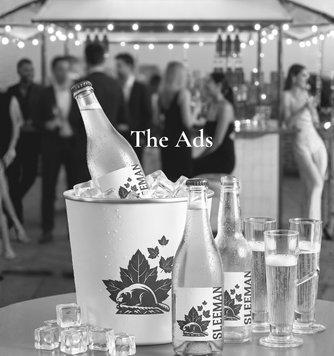 Ice bucket with bottles of Sleeeman beverages and glasses of water on a bar or party setting with people socializing in the background, black and white photo.