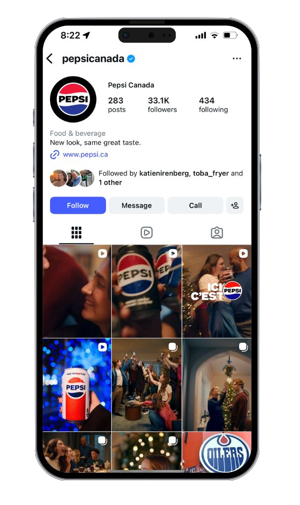 Instagram profile page of Pepsi Canada, showing a grid of Christmas-themed and social event photos featuring Pepsi branding.