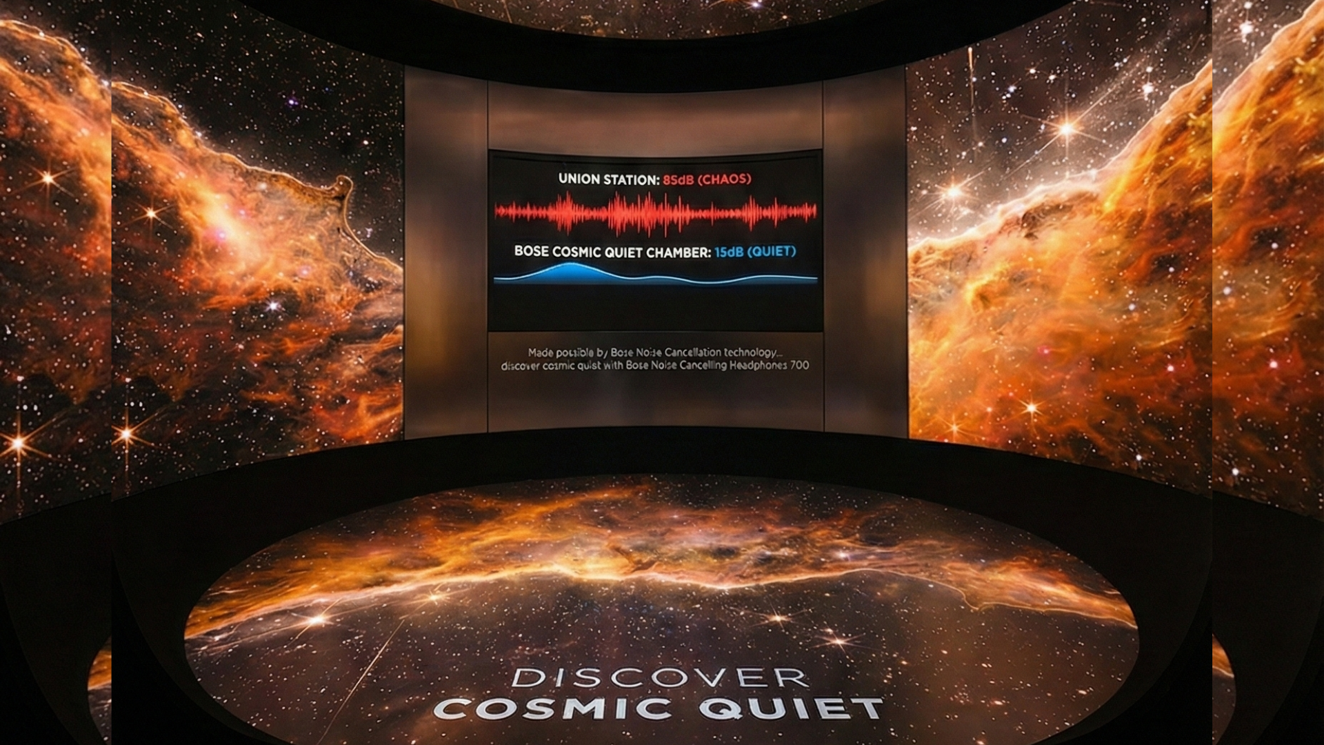 A space-themed room with walls and floor displaying images of a galaxy and stars. A central screen shows sound wave graphs comparing chaos and quiet cosmic noise levels. The text reads: 'Union Station: 85dB (Chaos)' and 'Bose Cosmic Quiet Chamber: 15dB (Quiet)'. The floor has the words 'Discover Cosmic Quiet' displayed.
