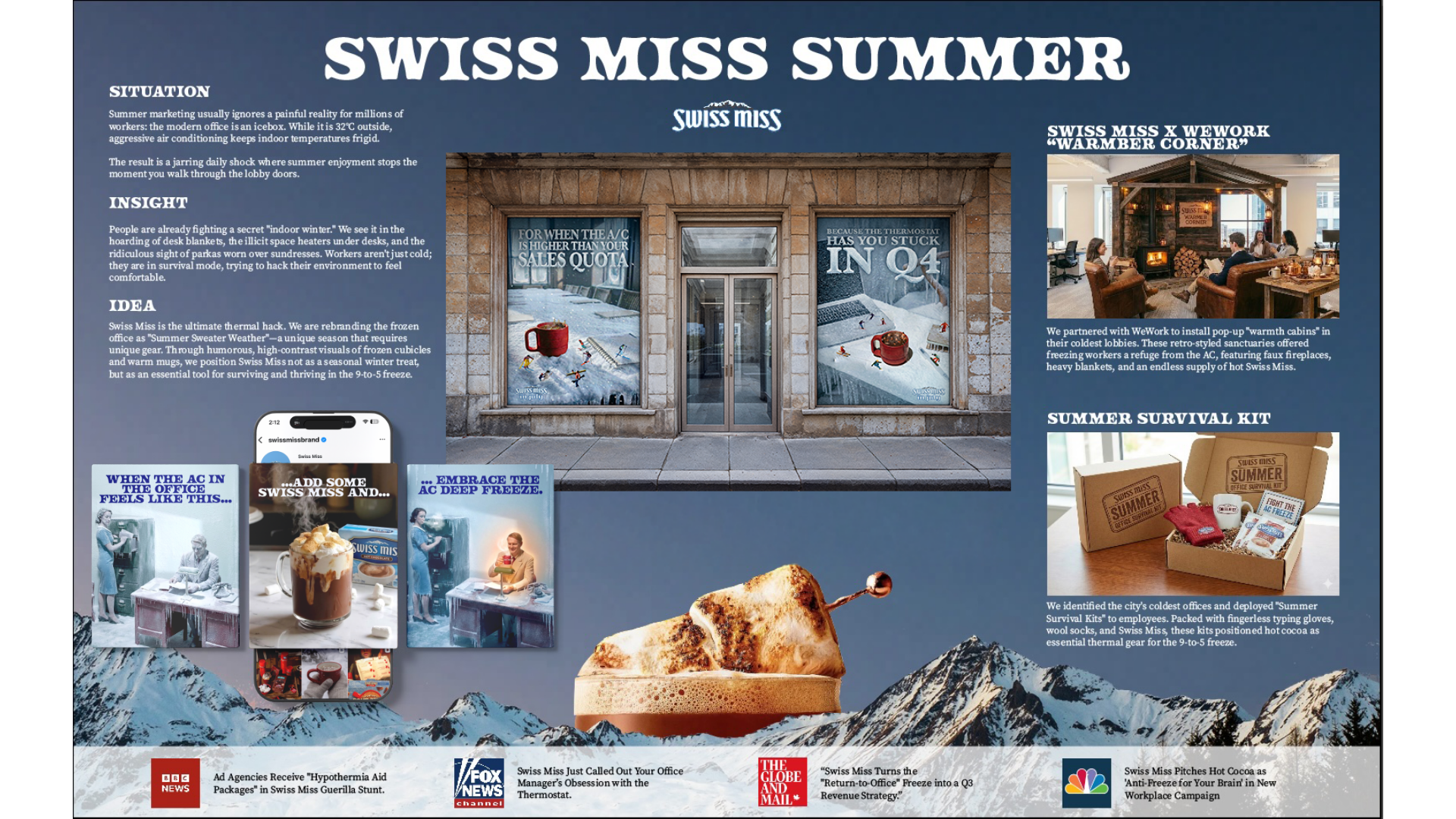 A digital infographic titled 'Swiss Miss Summer' with sections explaining the brand's summer strategies, featuring images of a storefront, cozy lounges, summer survival kits, a hot cocoa dessert, and mountain scenery.