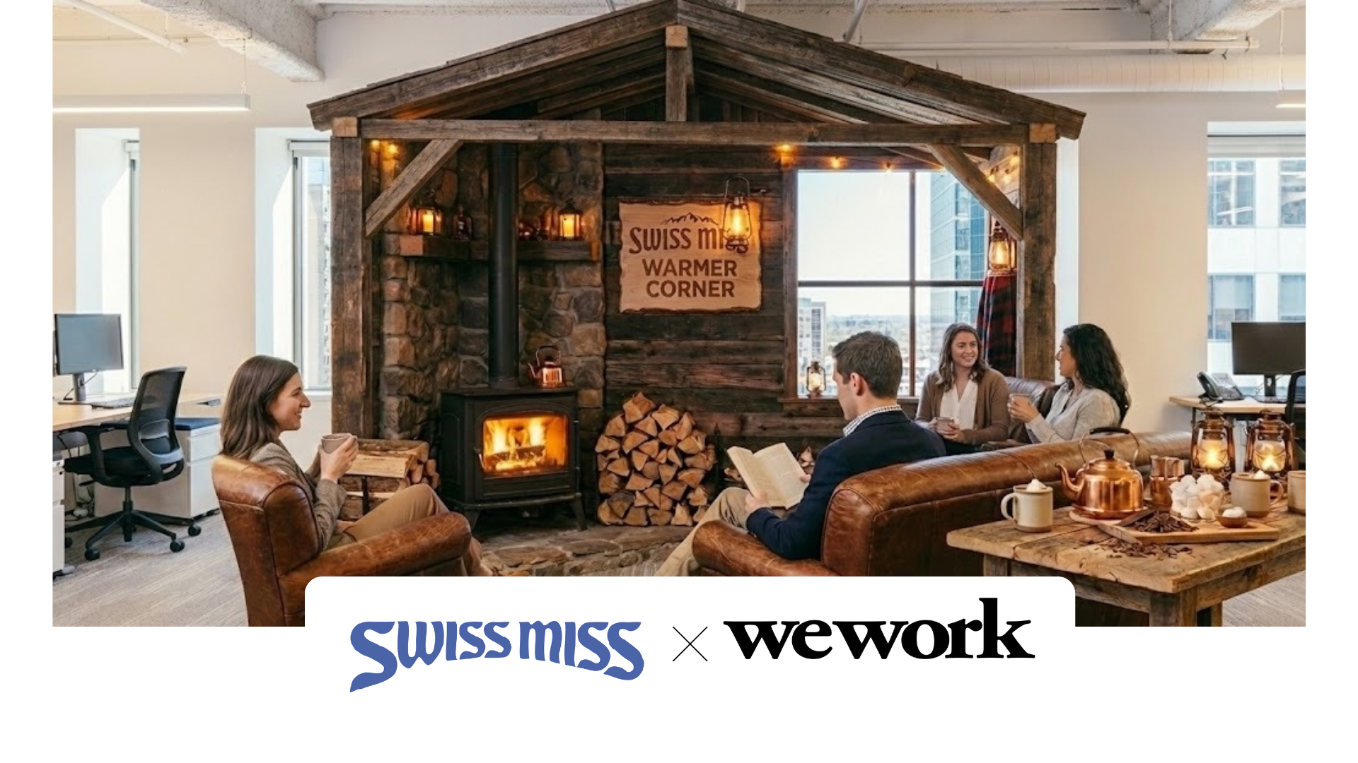 Four people sitting in a cozy office with a rustic fireplace, wood logs, and a sign that reads "Swiss Miss Warmer Corner." They are enjoying warm drinks, and the setting features wooden accents, warm lighting, and large windows with city views.