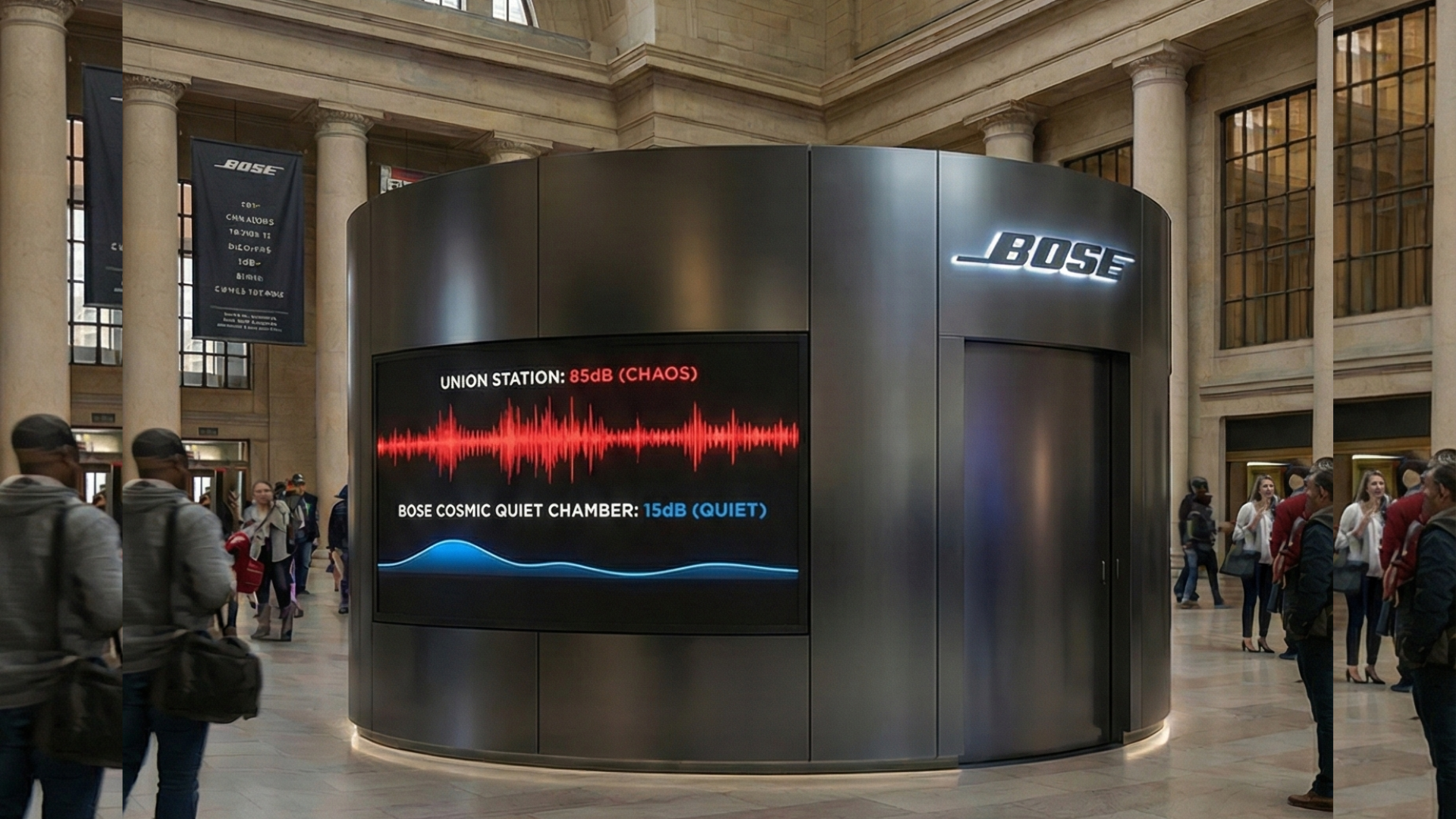 Bose display booth in a large public space with an electronic screen showcasing sound levels, surrounded by people walking and observing.