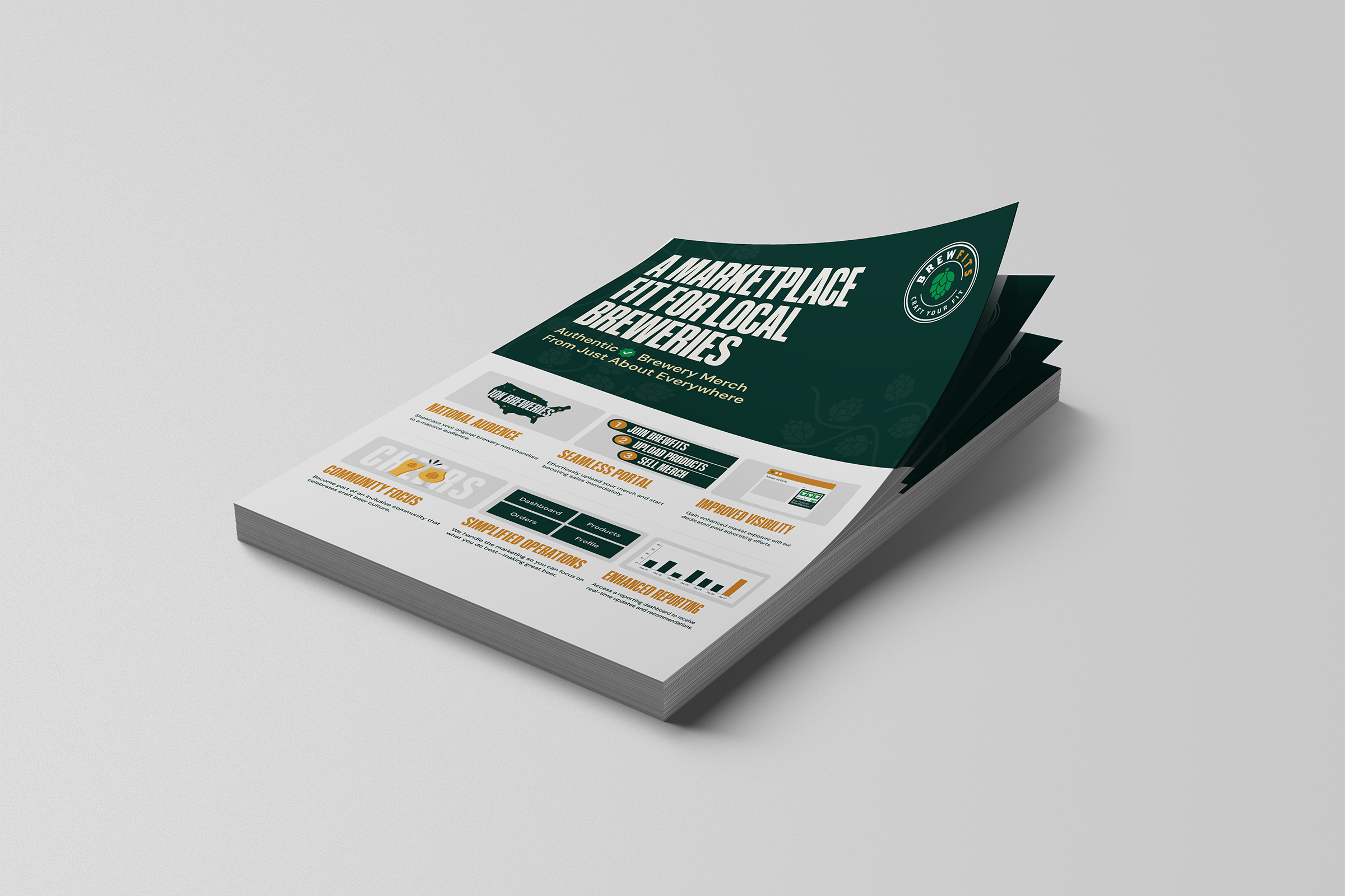 Stack of brochures featuring "A Marketplace Fit for Local Breweries" with graphics and charts, promoting brewery products and services.
