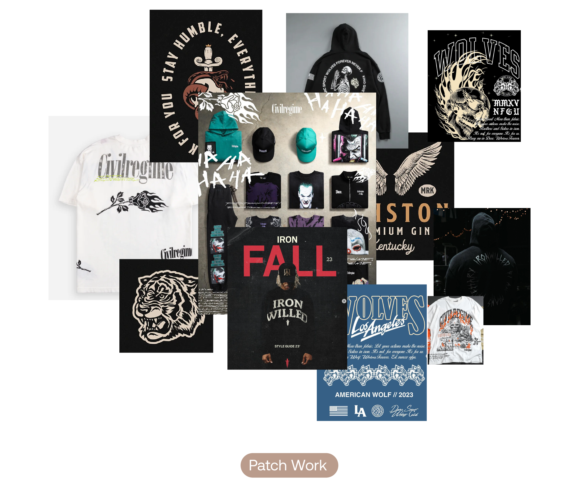 Collage of various streetwear apparel featuring logos, graphics of wolves, tigers, and rose designs, with text including 'Iron Will,' 'Fall 23,' and brand names. Several shirts, hoodies, caps, and illustrations are displayed in a patchwork layout.