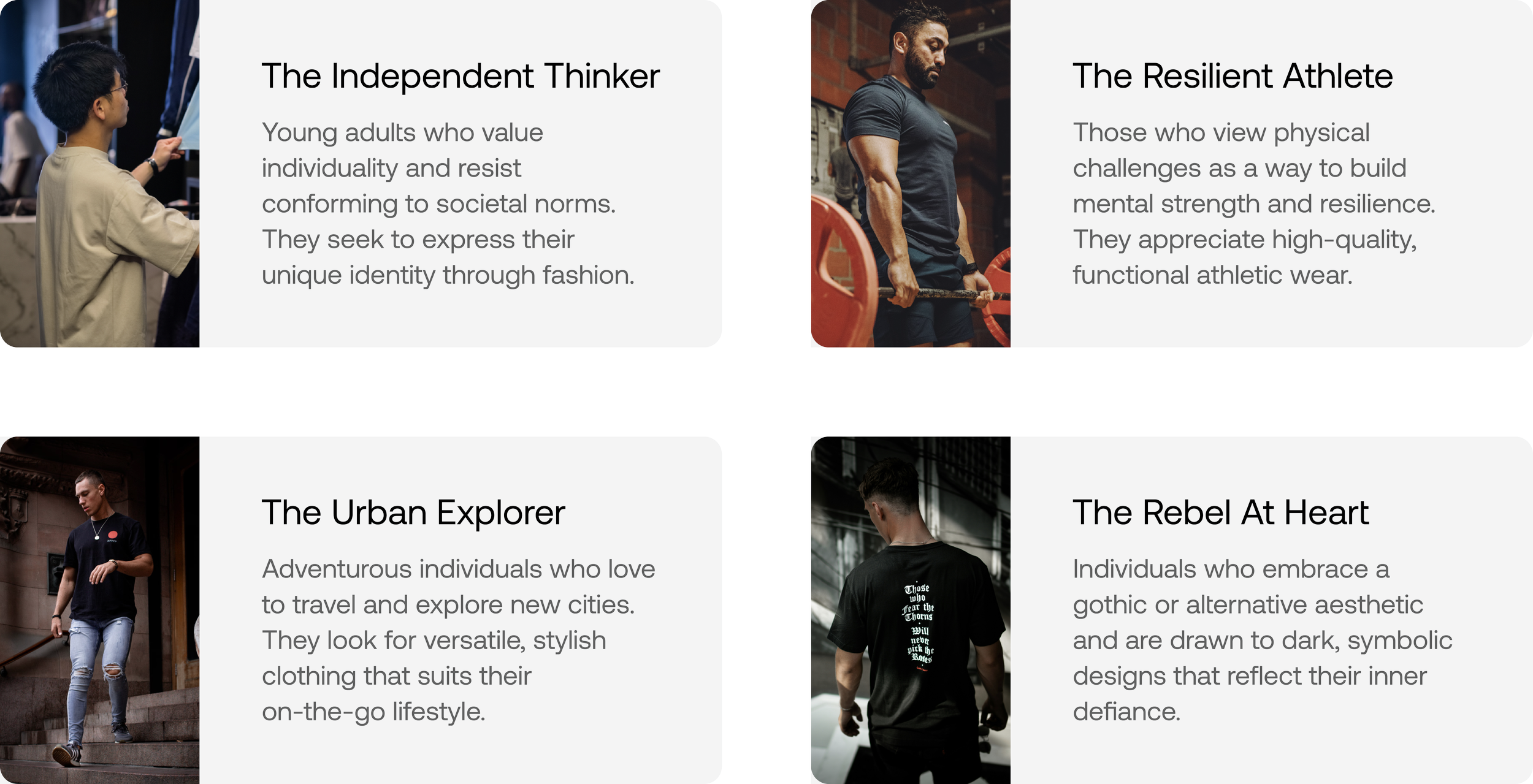 Four sections with images of people next to descriptions for fashion personas: The Independent Thinker, The Resilient Athlete, The Urban Explorer, and The Rebel At Heart.