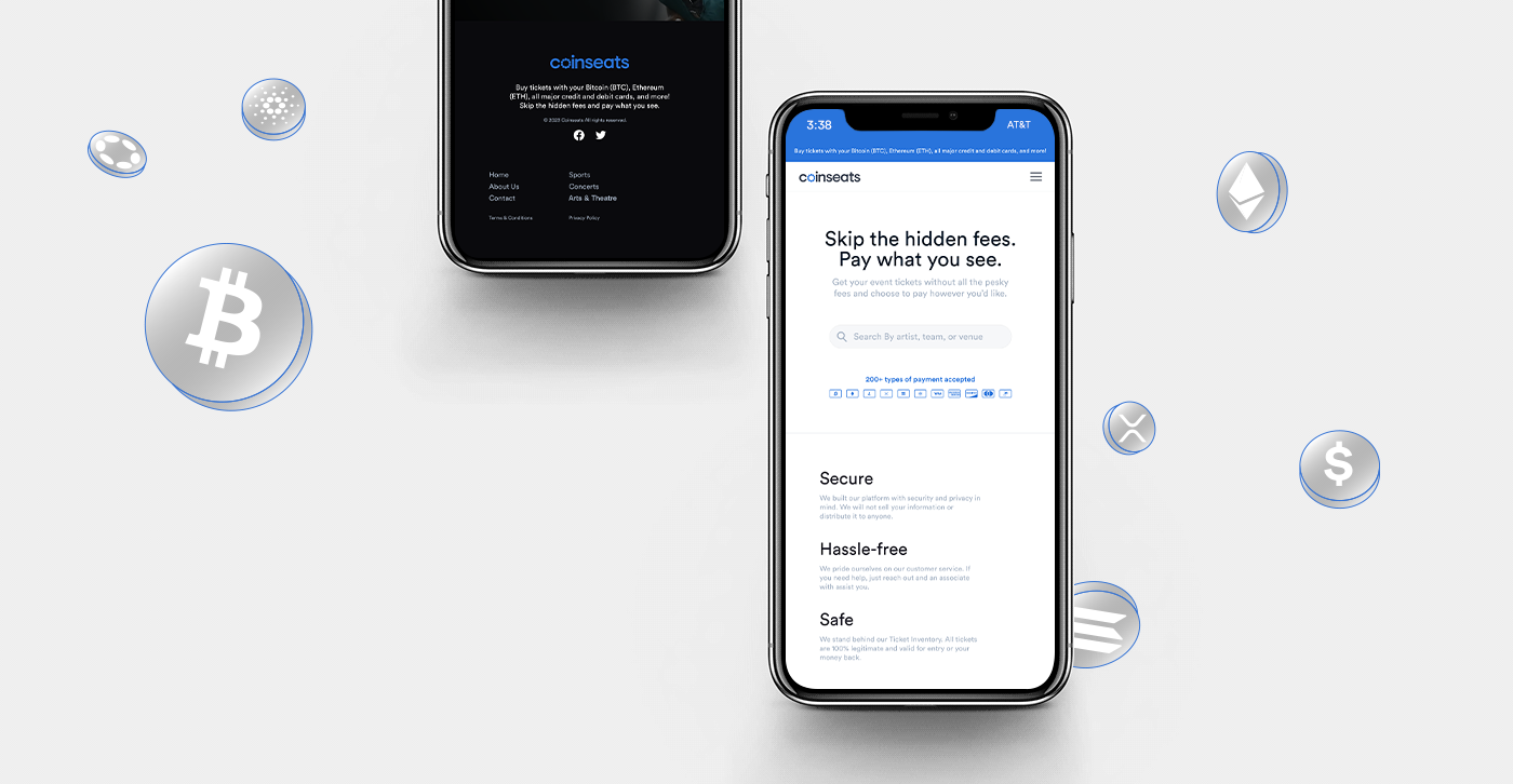 Two smartphones depicting a ticket purchasing website featuring cryptocurrency icons like Bitcoin, Ethereum, Cardano, and Ripple on a white background.