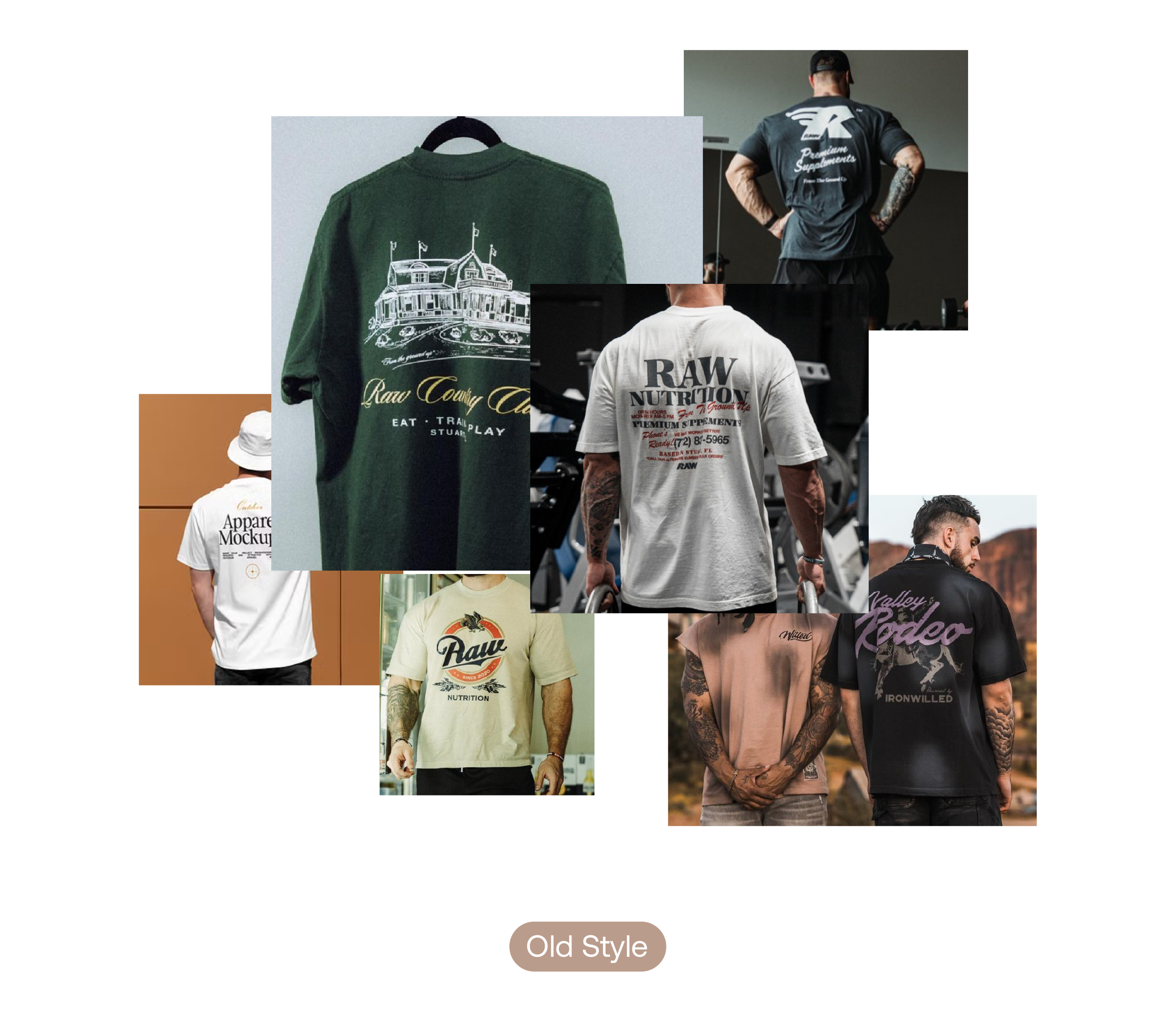 Collage of various t-shirts with different back designs displaying logos and text, worn by models.