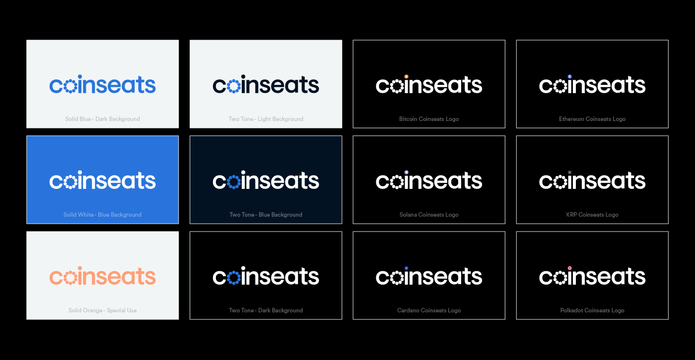 Array of "coinseats" logos in different colors and styles, with variations for Bitcoin, Ethereum, Solana, XRP, Cardano, and Polkadot. Backgrounds include light, dark, blue, and special orange.