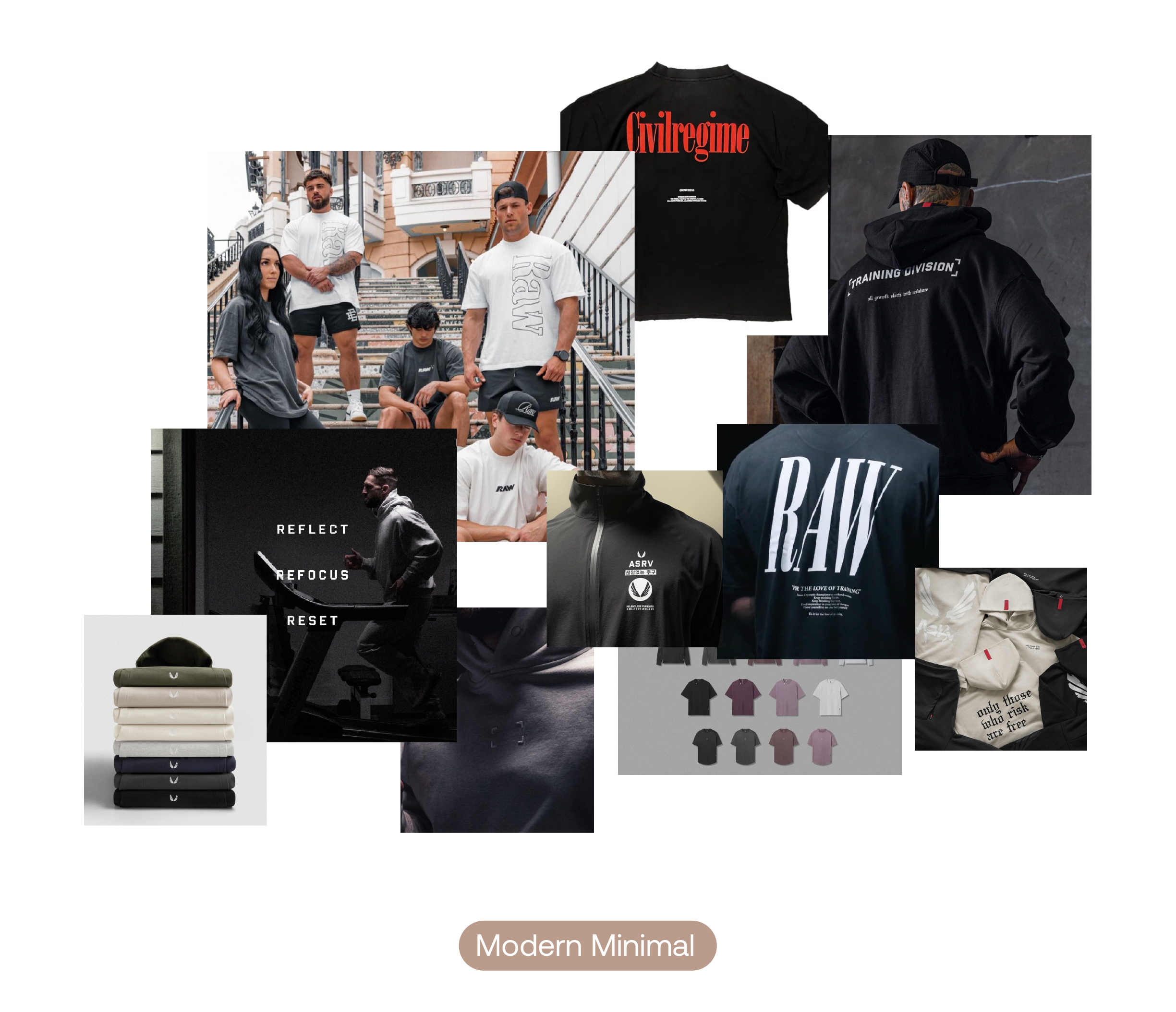 Collage of athletic and casual clothing featuring t-shirts, hoodies, and sweatshirts with various branding and motivational text. Includes images of people wearing the clothing, clothing stacks, and design layouts, labeled 'Modern Minimal.'