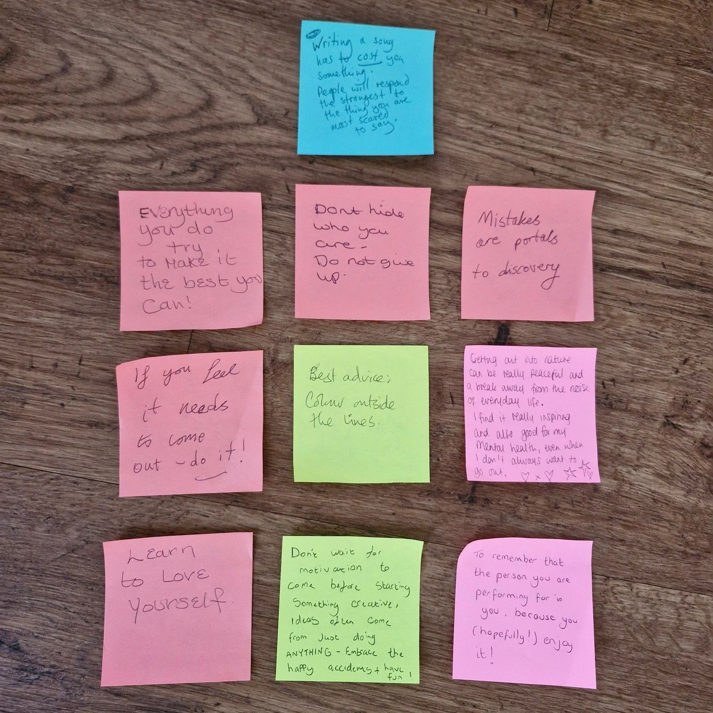 🎤🌈 During the July edition of Gentle Open Mic, I asked everyone a simple question:

What&rsquo;s the best advice you&rsquo;ve received-or would give-about creativity?

We passed around pens and post-it notes and invited folks to share their thought