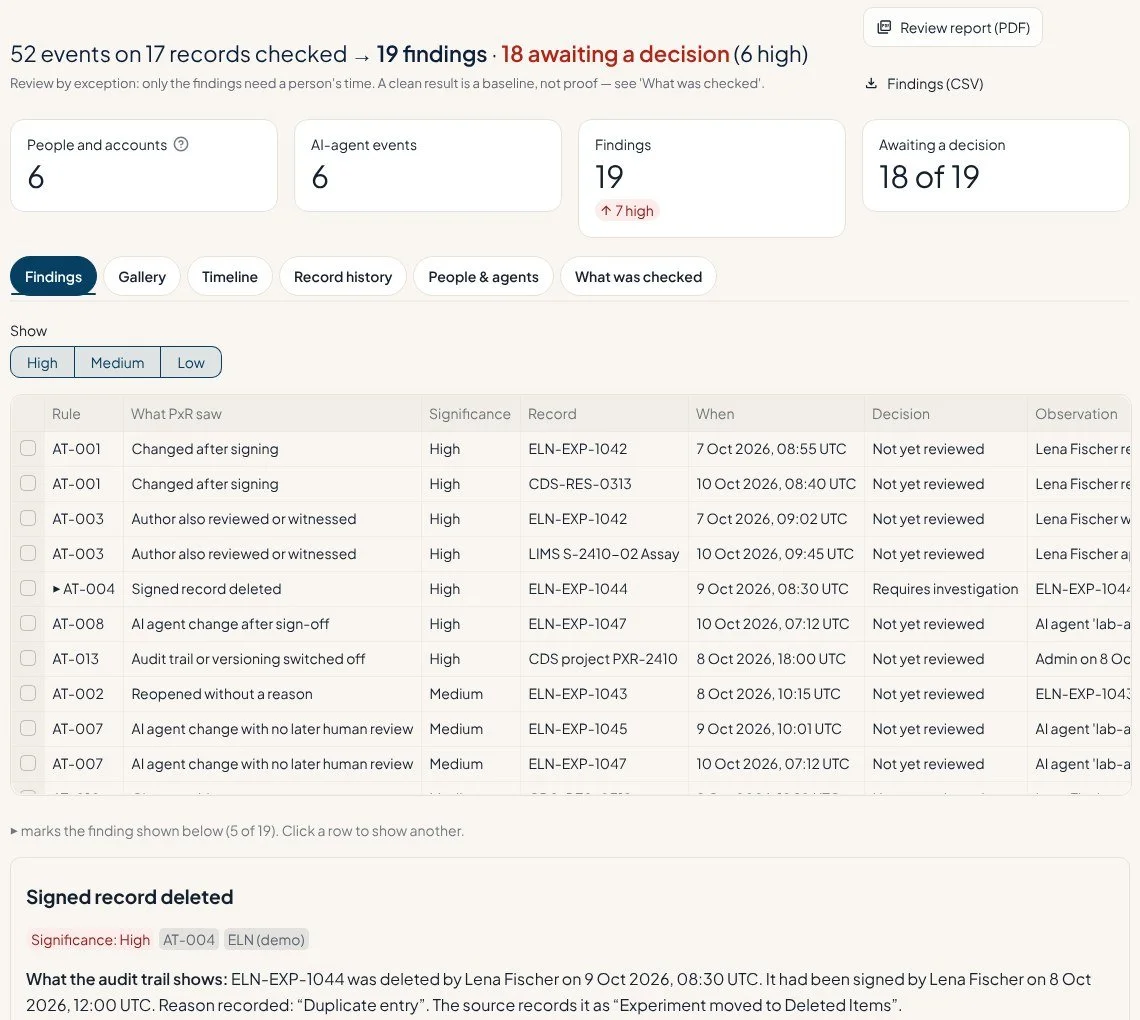 PxR Audit trails page with findings from a connected-lab audit trail and a recorded decision
