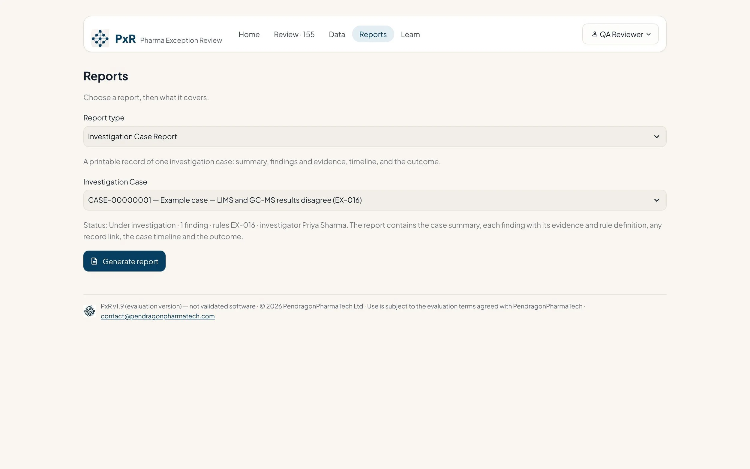 PxR Reports screen