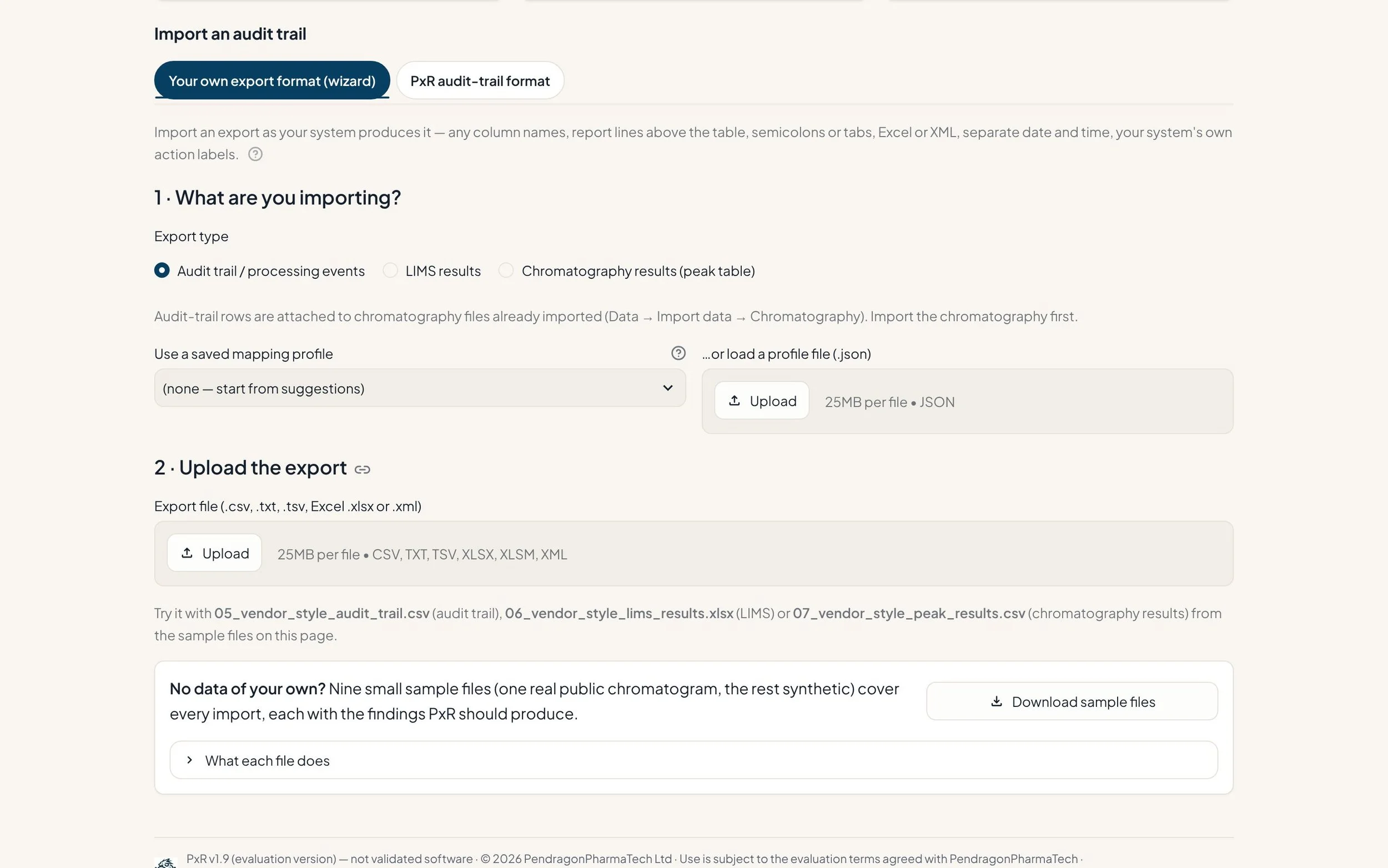 PxR Import Wizard for mapping an export file