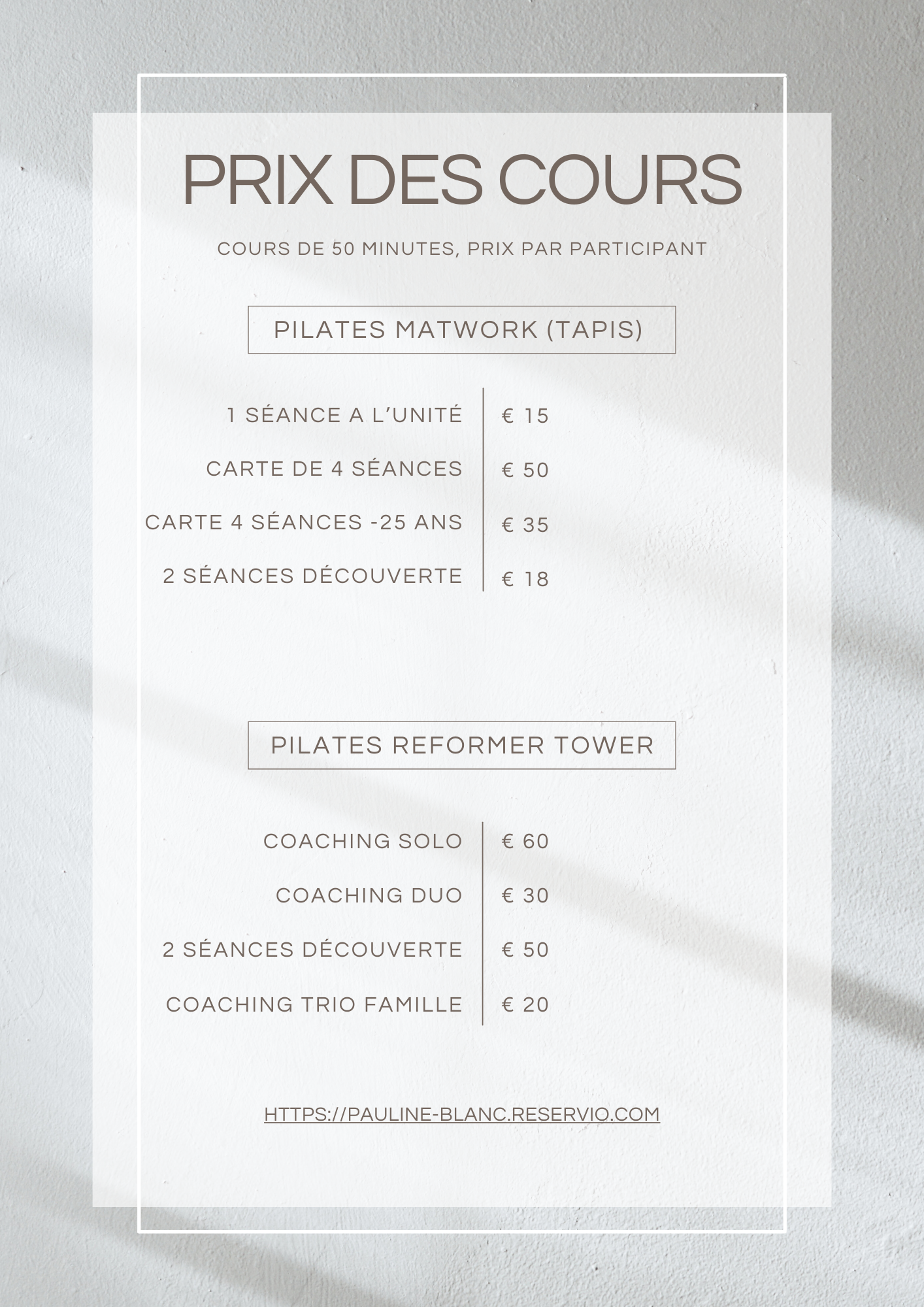 Tarif / prix des cours