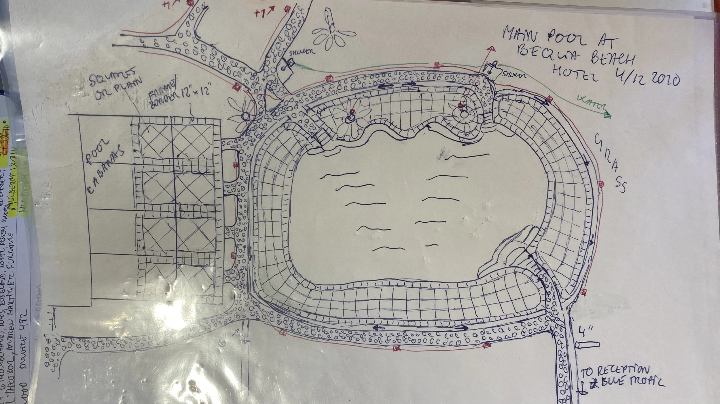 Bengt's technical drawing for the main pool with water lines and labels (2010)