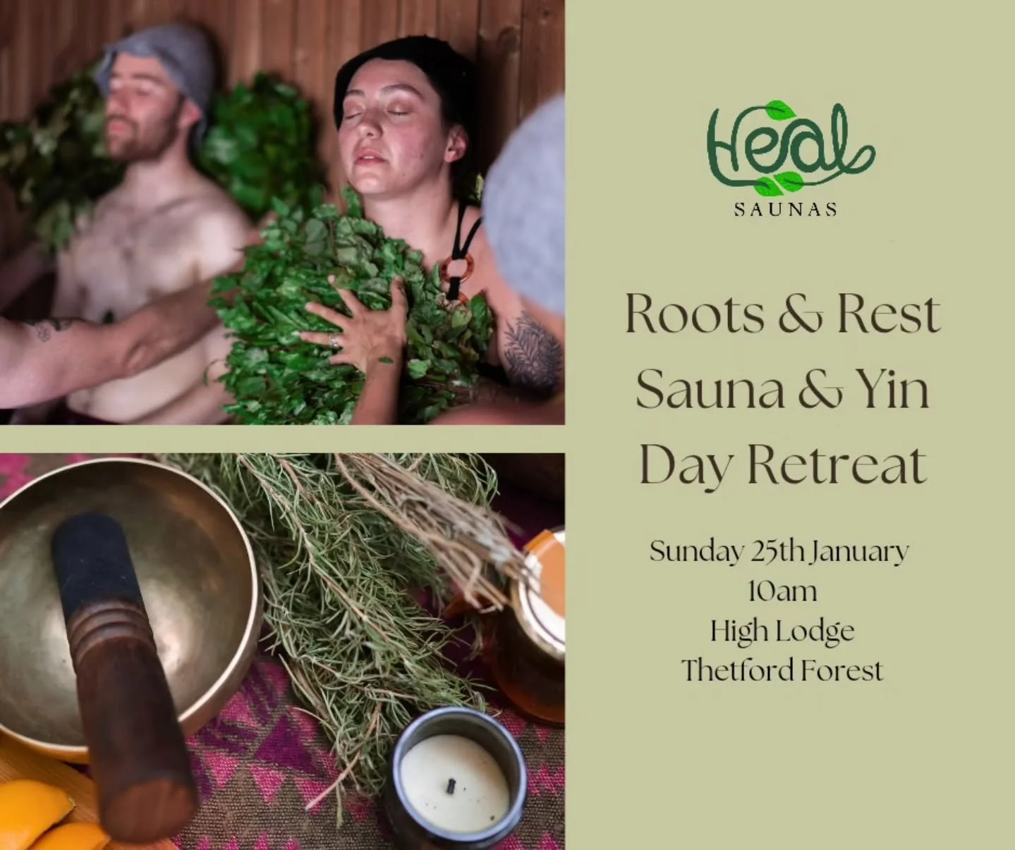 🌳🌿 Roots &amp; Rest 🌿🌳 

✨️Sauna &amp; Yin Day Retreat ✨️ 

Sunday 25th January 10am High Lodge Thetford Forest. 🌲 

Join us in Thetford forest after the Christmas buzz and relax into this restorative day retreat, embracing nature, deep rest, ri