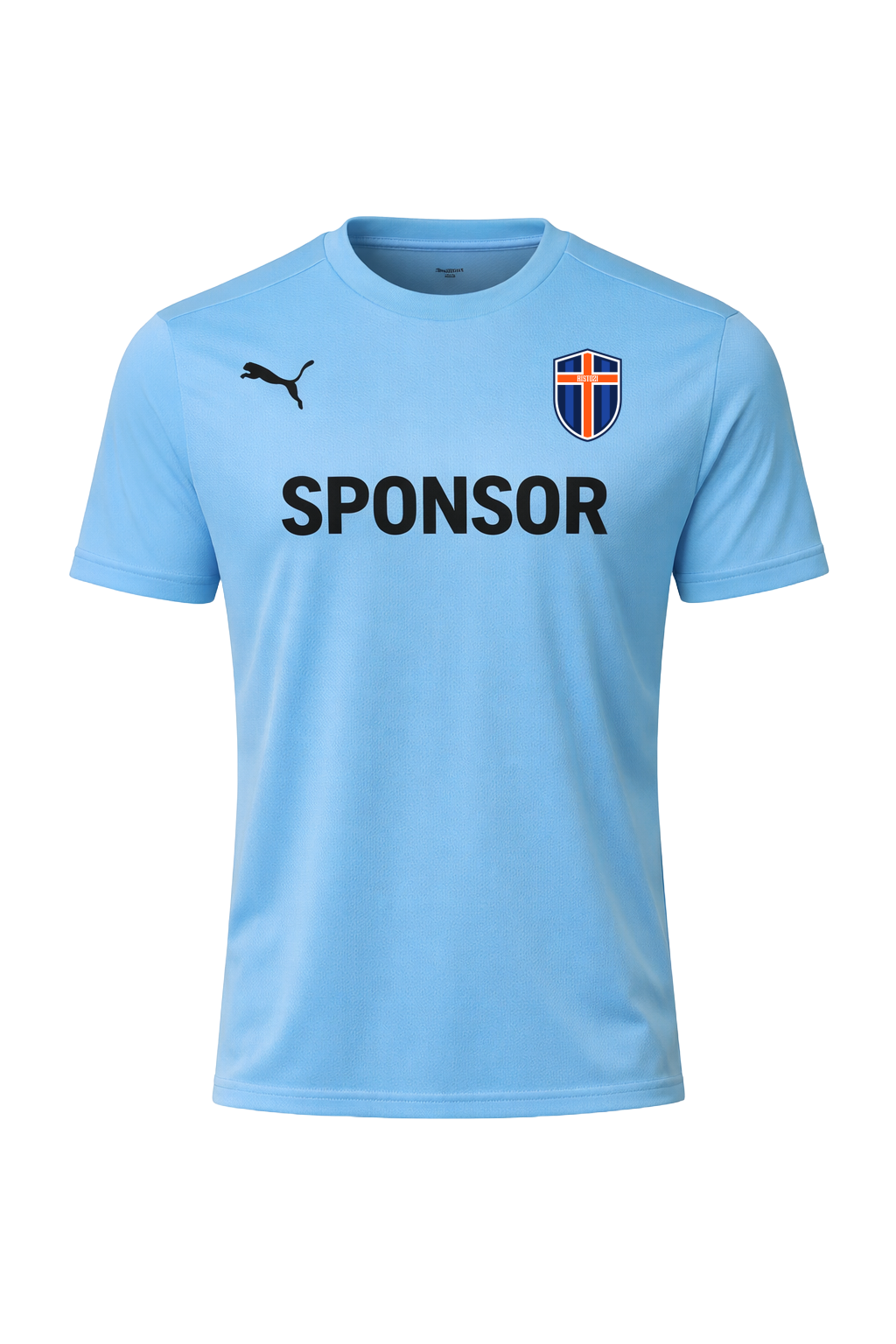 Light blue soccer jersey with black text 'SPONSOR' across the front. It has a Puma logo on the right chest and Ristozi FC crest on the left chest. The crest has a shield shape with orange, blue, and white colors.