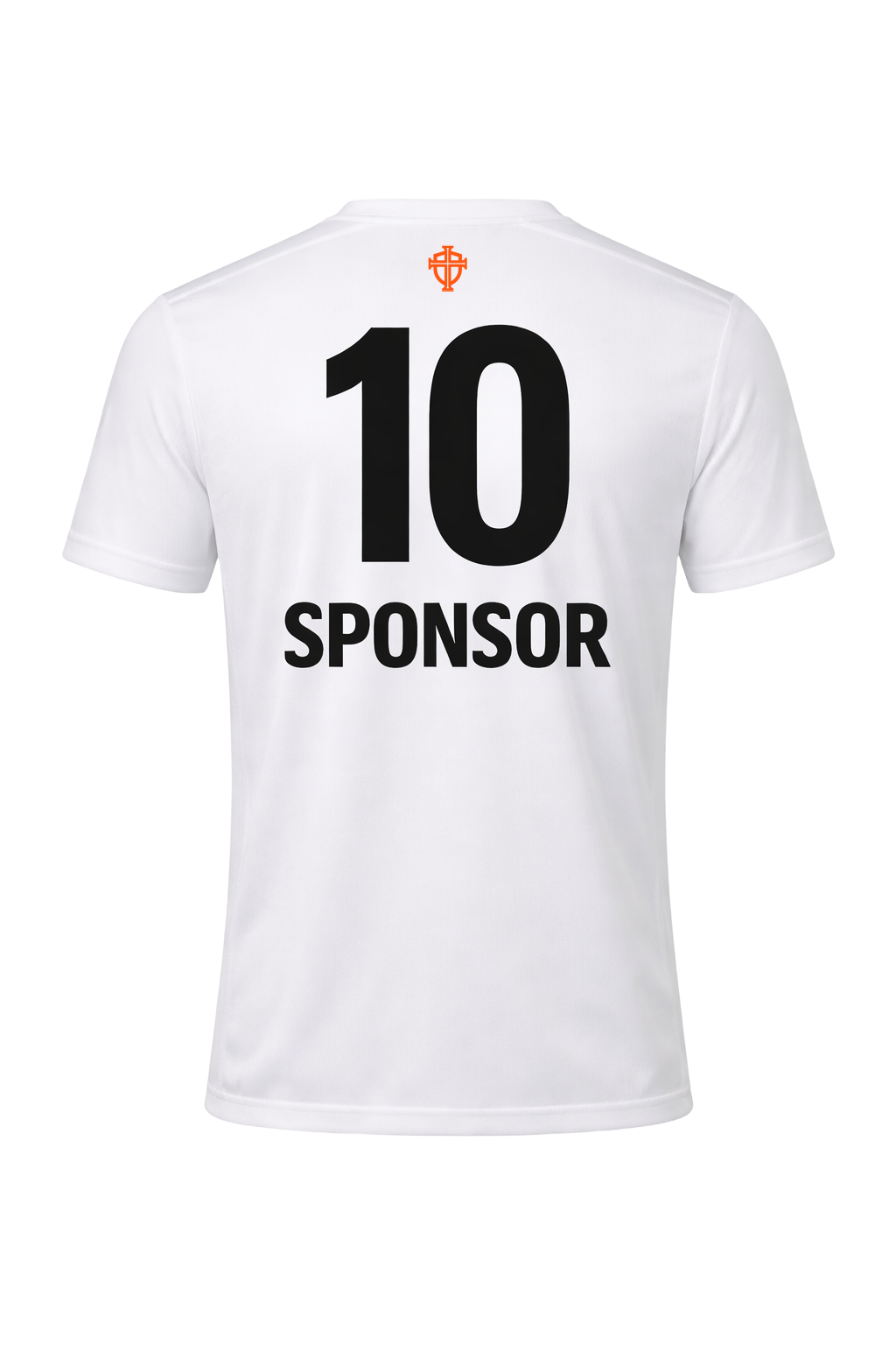 Back of a white sports jersey with the number 10, the word SPONSOR, and a small red emblem at the top center.