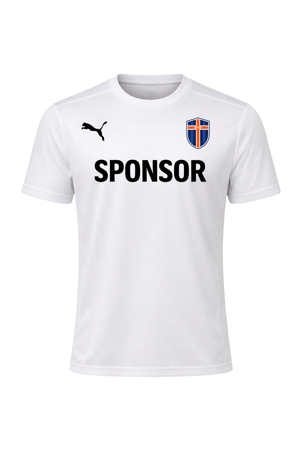 White football jersey with a black Puma logo on the right chest, a crest on the left chest, and the word 'SPONSOR' in black across the front.