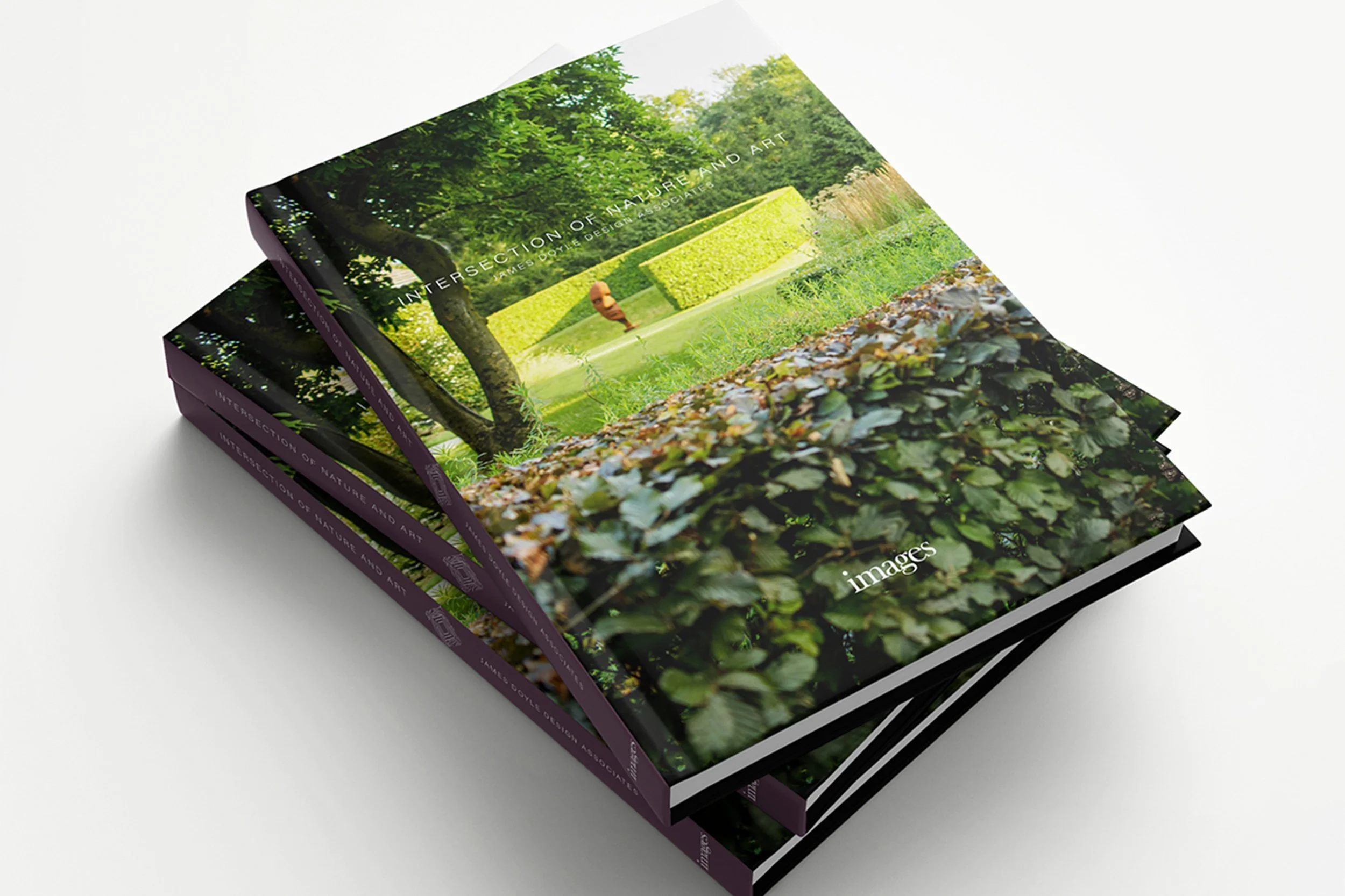 Stack of books with a cover image of green trees and a large sculpture of a face.
