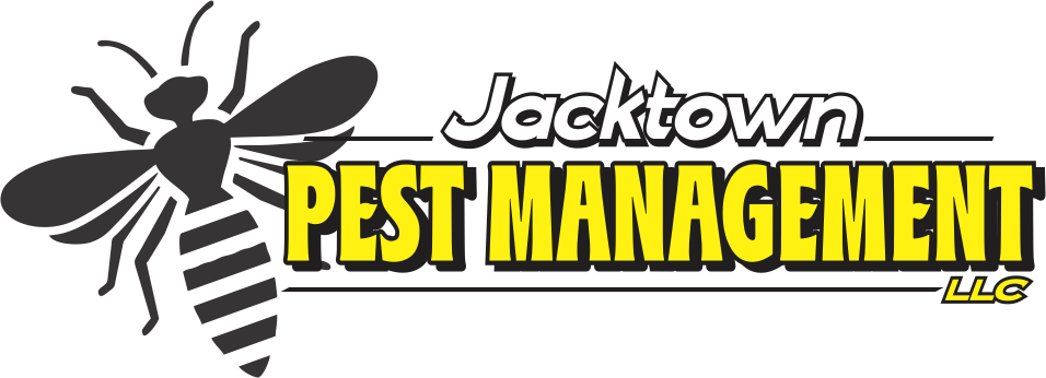 Logo for Jacktown Pest Management LLC, featuring a stylized black and gray bee and bold yellow and white text.