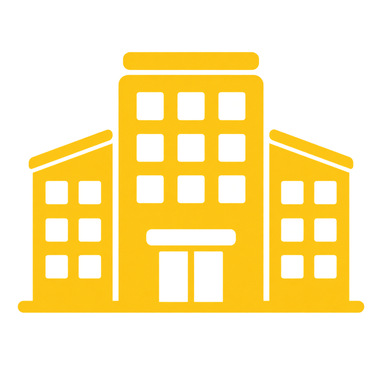 A digital illustration of a yellow cityscape with three buildings of varying heights, featuring multiple windows.