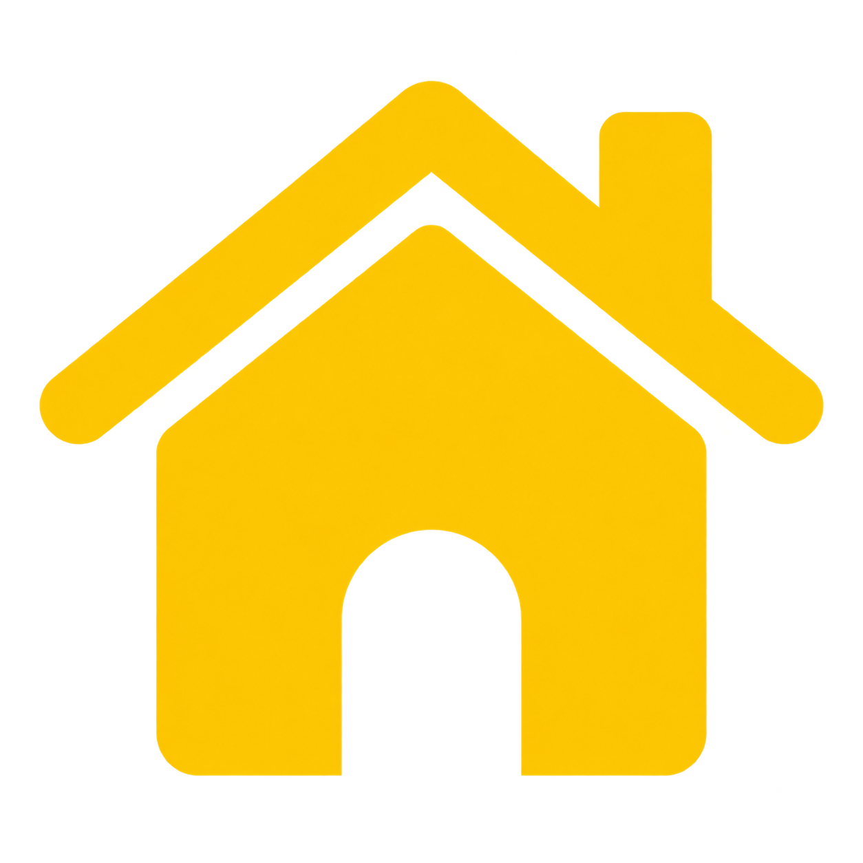 Yellow house icon with a roofline, chimney, and arched door.