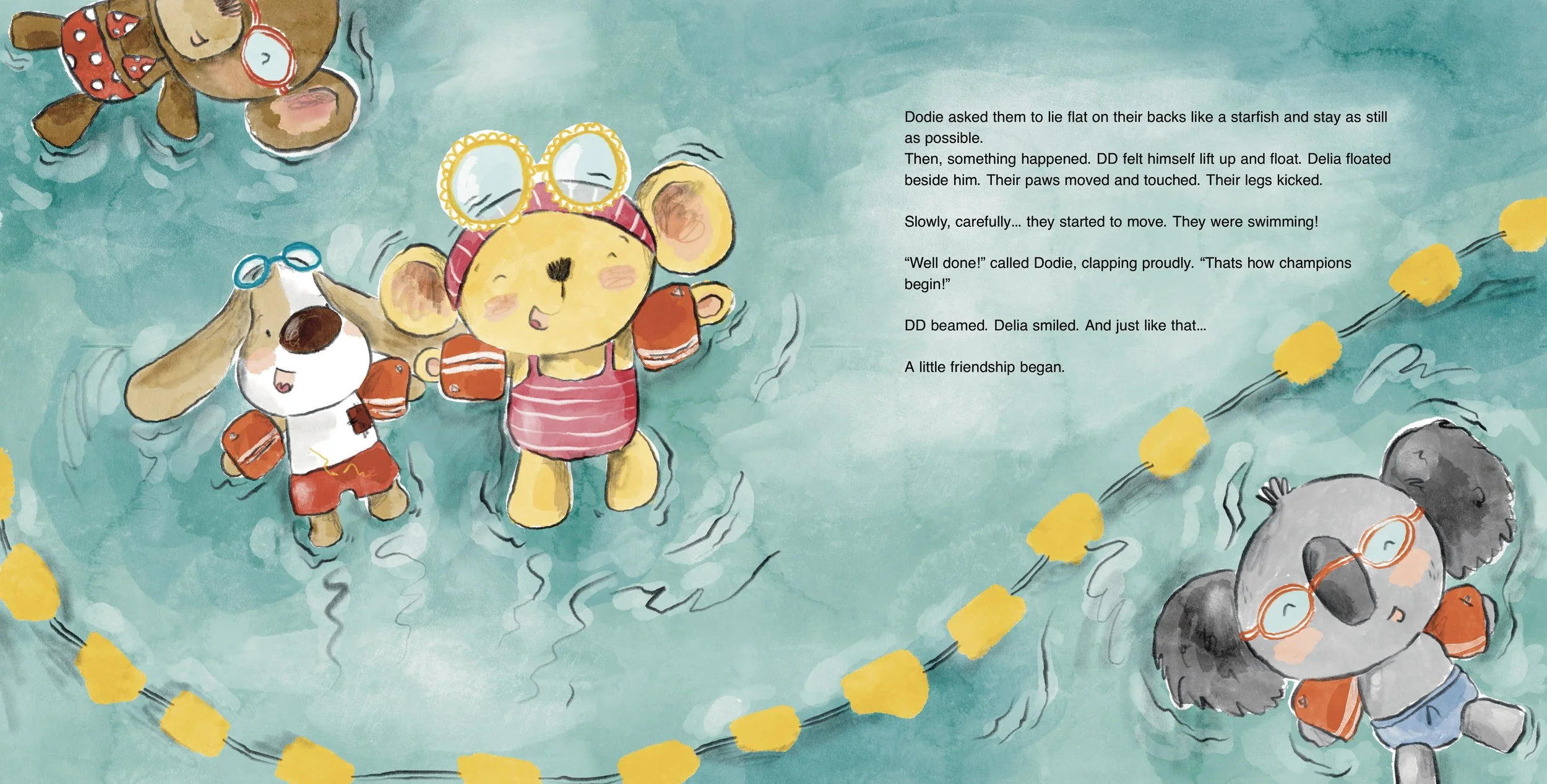 teddy bear and dog character floating in water