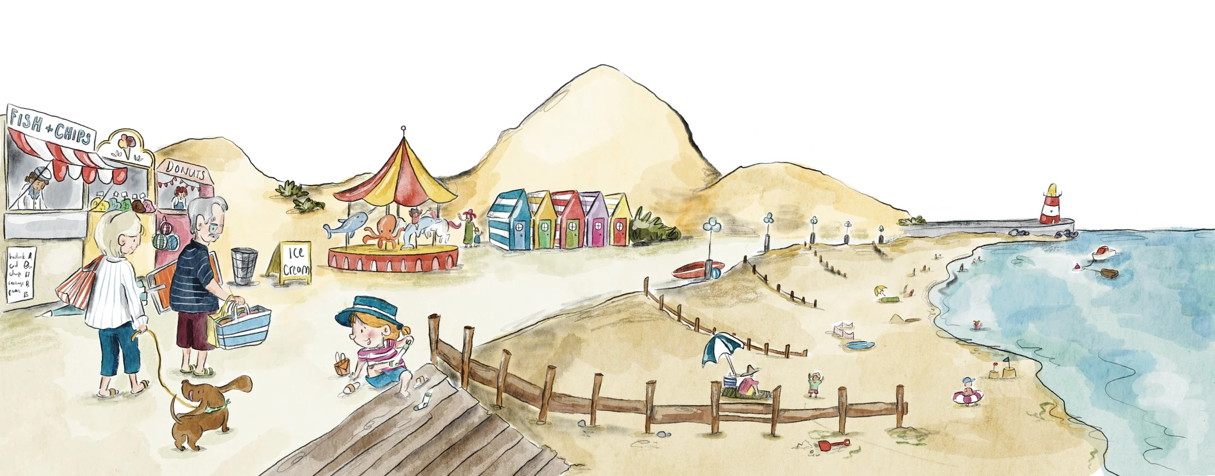 Colorful beach scene with people, tents, and children playing on the sand. A waterfront with small boats and a lighthouse in the distance.