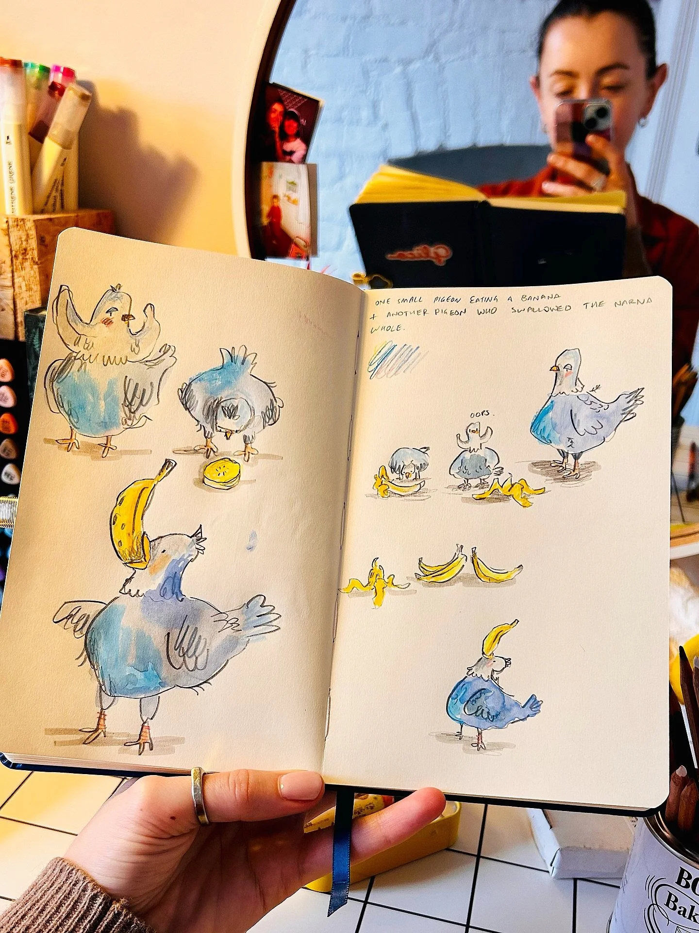 We spent a good chunk of time in doctors waiting rooms yesterday so I took my sketchbook to stop me doomscrolling. Thank you to my girlfriend who wrote the prompt to get me going! 

I was pretty engrossed in pigeon drawings until a little kid threw a