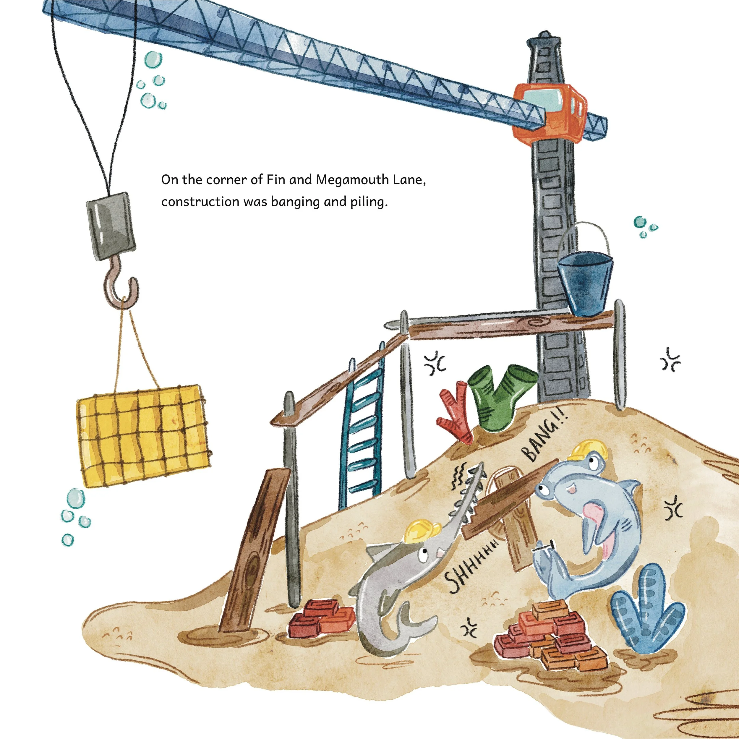 Waterfront construction site with a crane, ladders, and building materials, featuring two dolphins in the sand playing with a wooden plank and bricks, with one dolphin holding a yellow construction helmet.