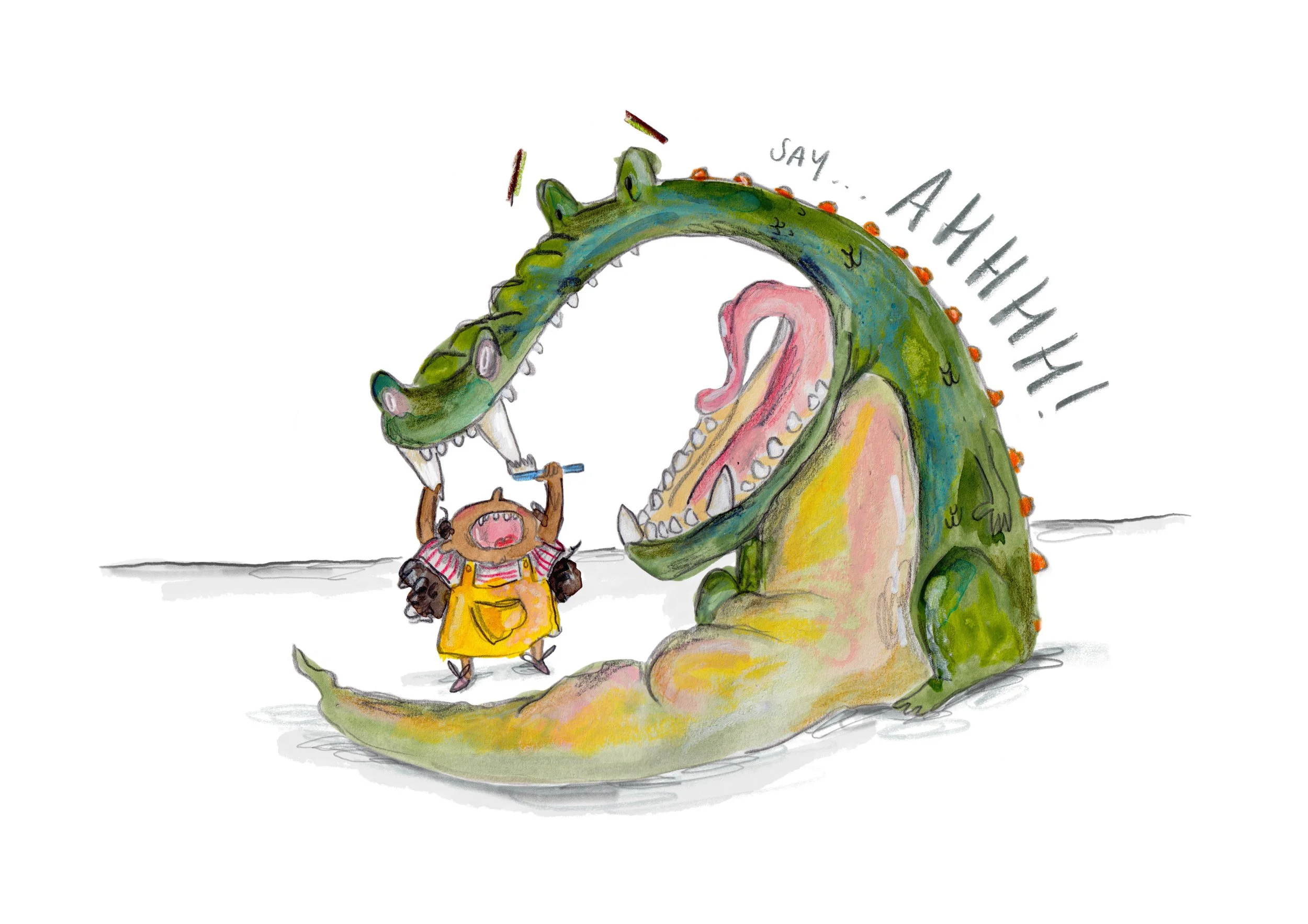 A playful cartoon illustration of a baby crocodile with sharp teeth and orange spikes on its back, showing its mouth wide open and saying 'AHHHH!!' in large letters. A tiny person dressed in yellow overalls and striped shirt stands in front of the crocodile, holding a camera and laughing.