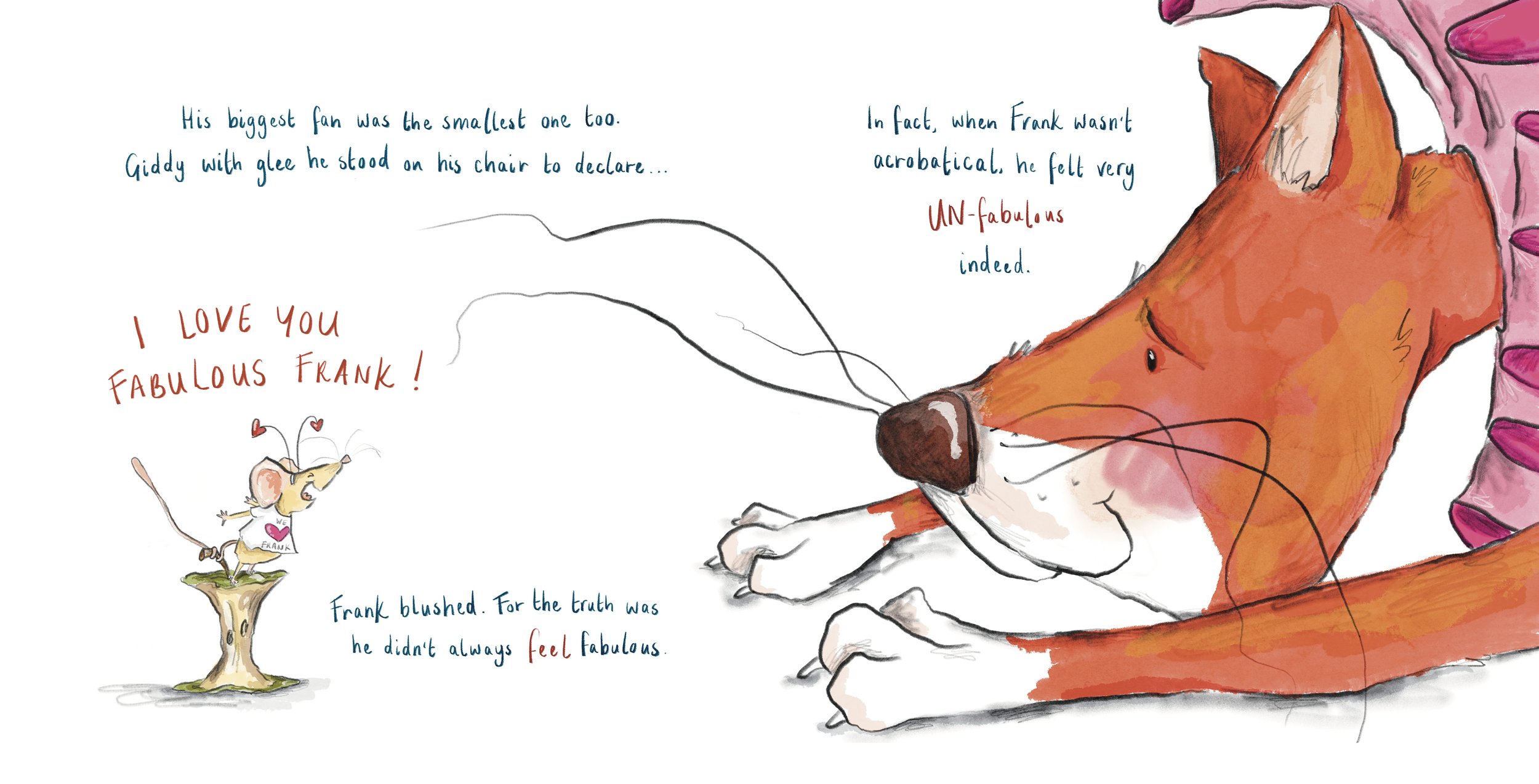 A colorful illustration of a cat lying down and a cartoon mouse wearing a shirt with a heart that says 'Frank.' The mouse is declaring love to someone named Frank. The background includes handwritten-style text and a pink decorative element.