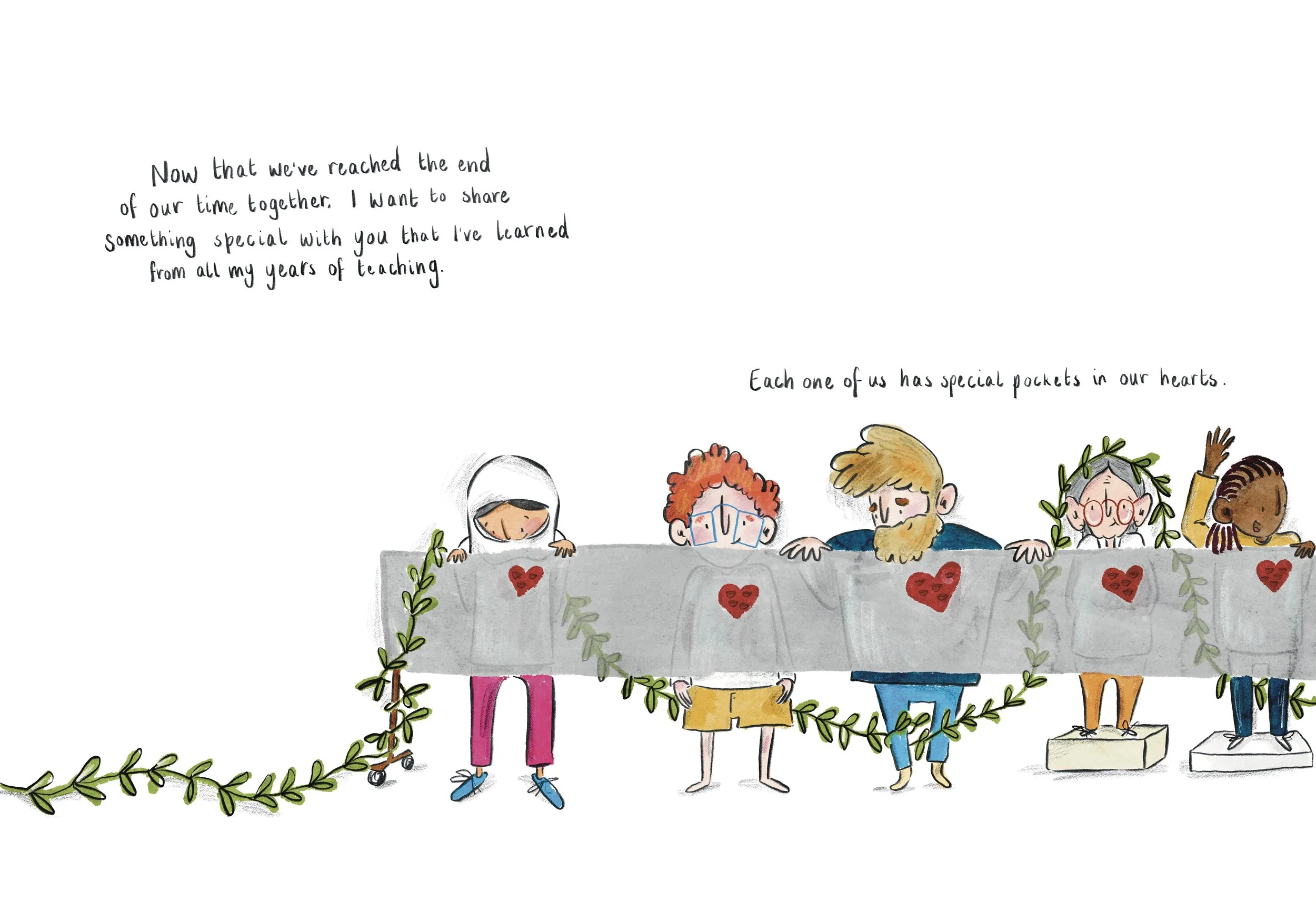 A drawing of five diverse people holding a heart-decorated, leafy banner. There are handwritten notes above and to the right of the group, expressing gratitude and shared memories.