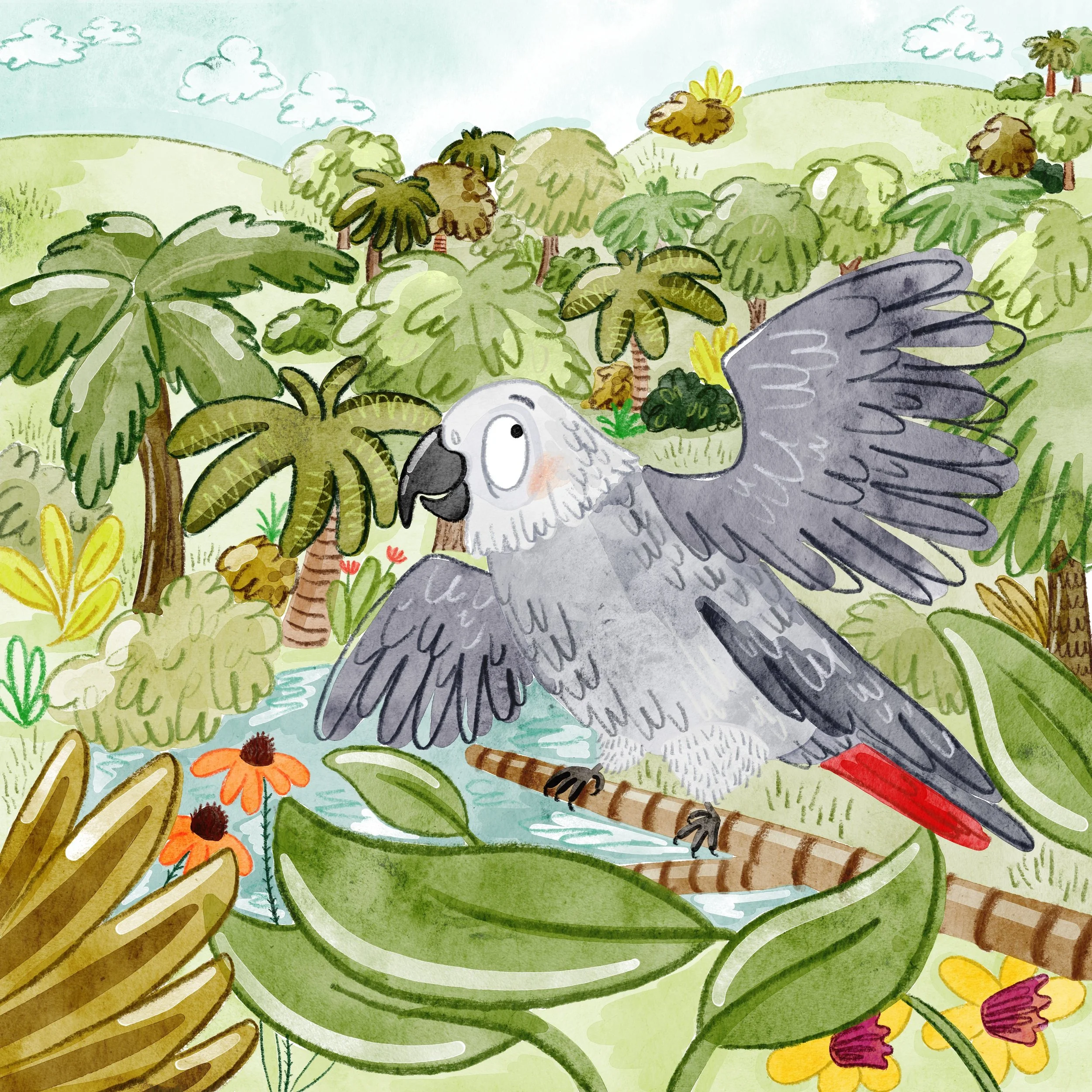Illustration of a parrot with outstretched wings perching on a large leaf near a small stream in a lush jungle with green trees, bushes, and colorful flowers.