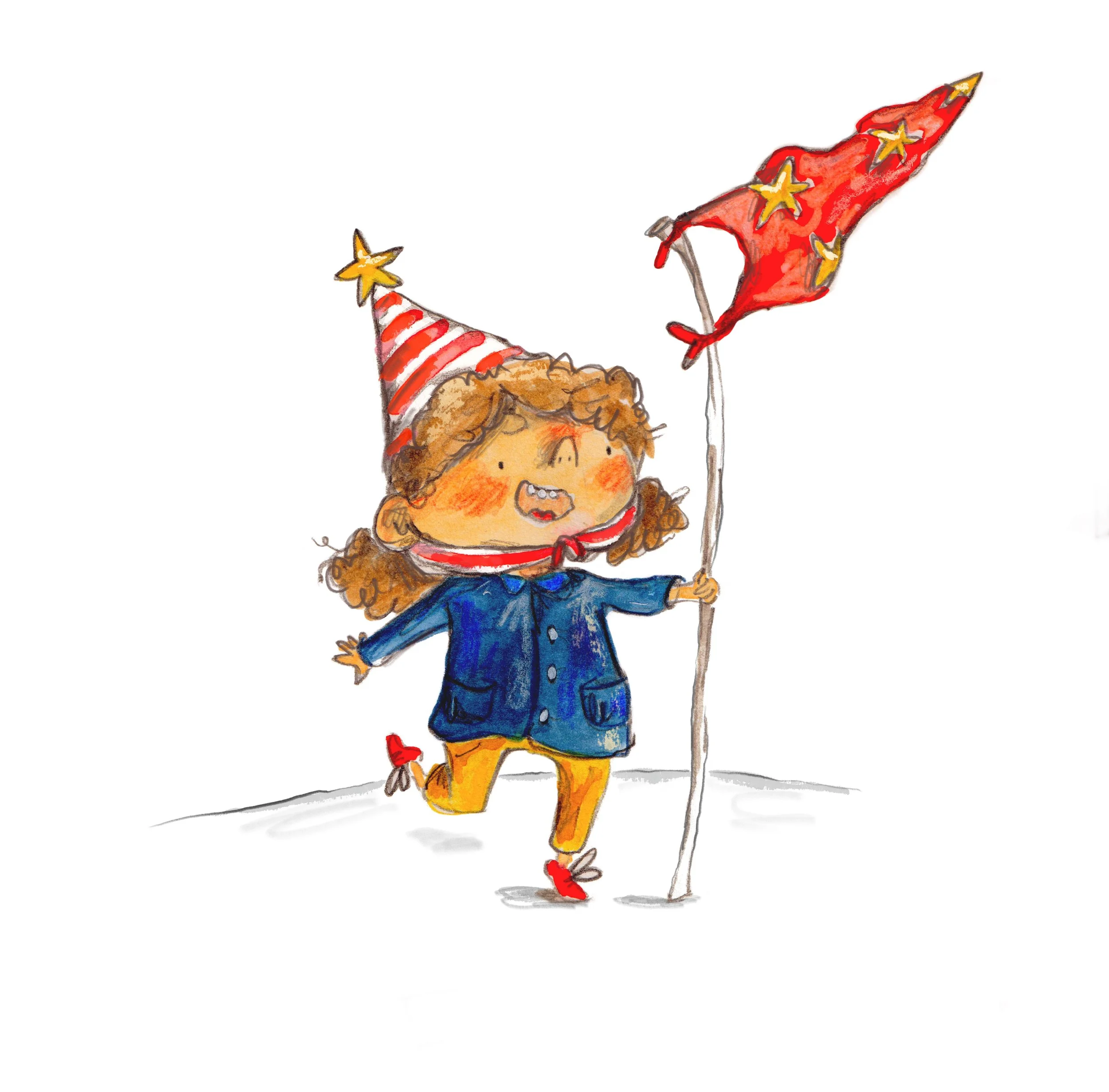 Child in a colorful hat with stars, holding a red star patterned flag, running joyfully with a big smile.