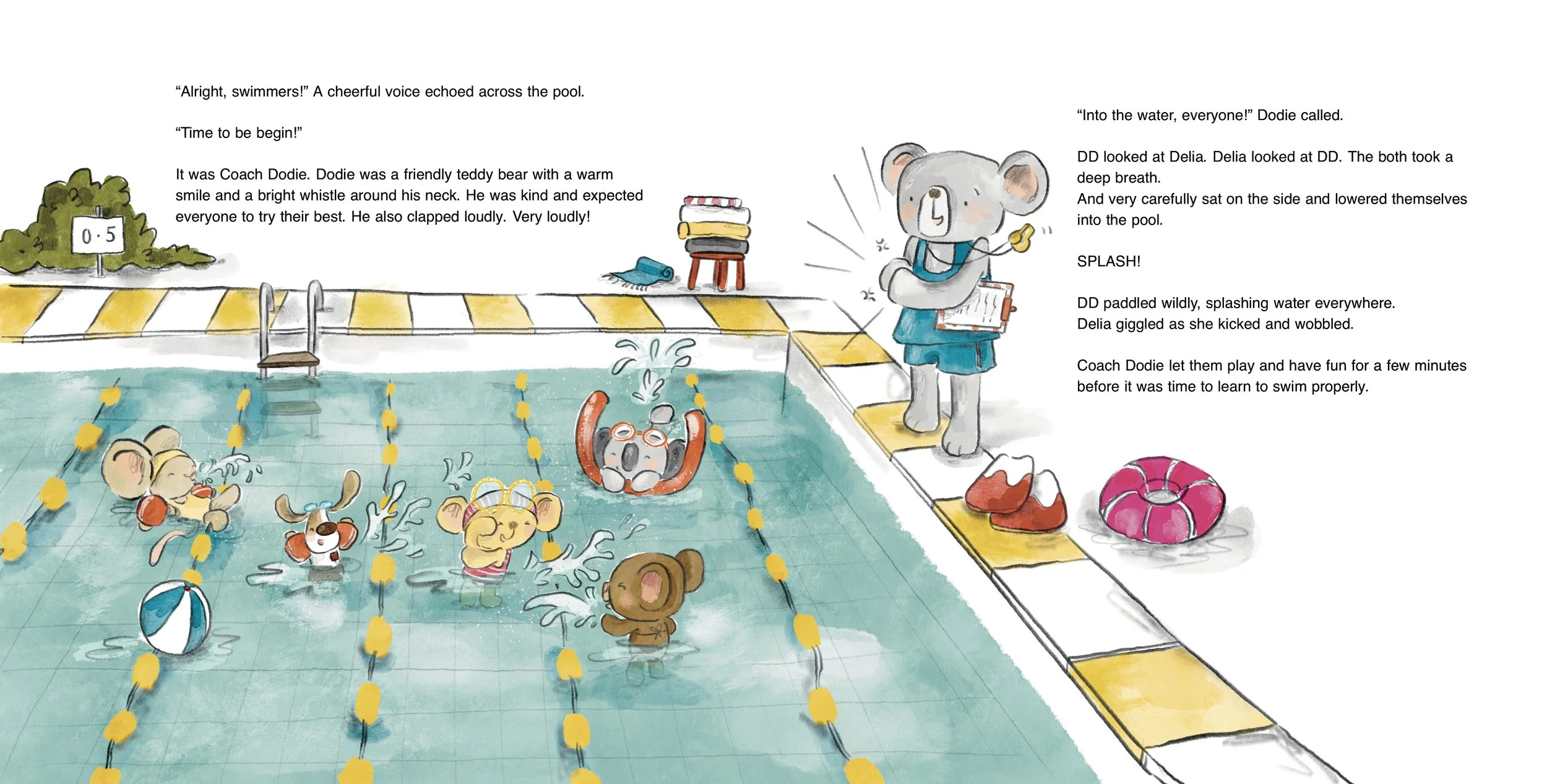 teddy bears and animals splashing in swimming pool