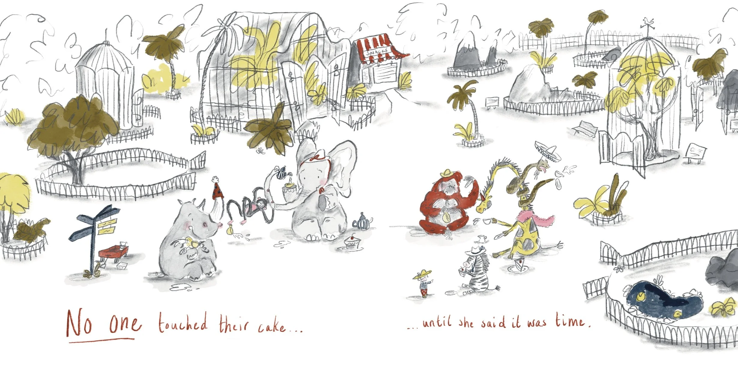 A whimsical cartoon scene at a zoo with animals and cute characters, featuring a rhino, an elephant, a monkey, a zebra, and a crocodile, enjoying tea and sharing a cake, with the caption "No one touched their cake... until she said it was time."