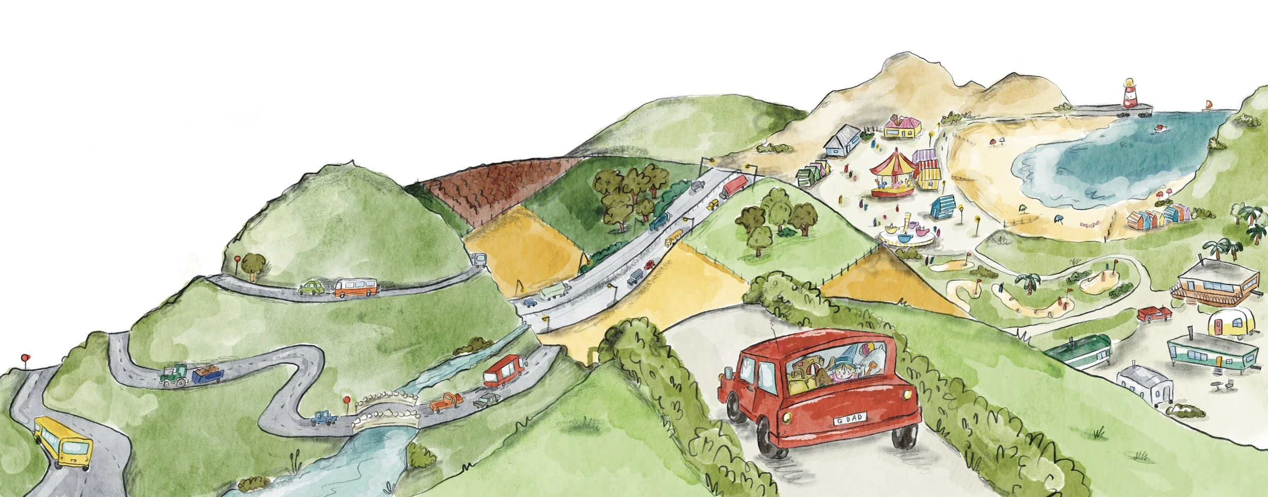 Watercolor illustration of a coastal landscape with hills, a winding road, a red car, a beach with a lighthouse, and a carnival with rides and tents.