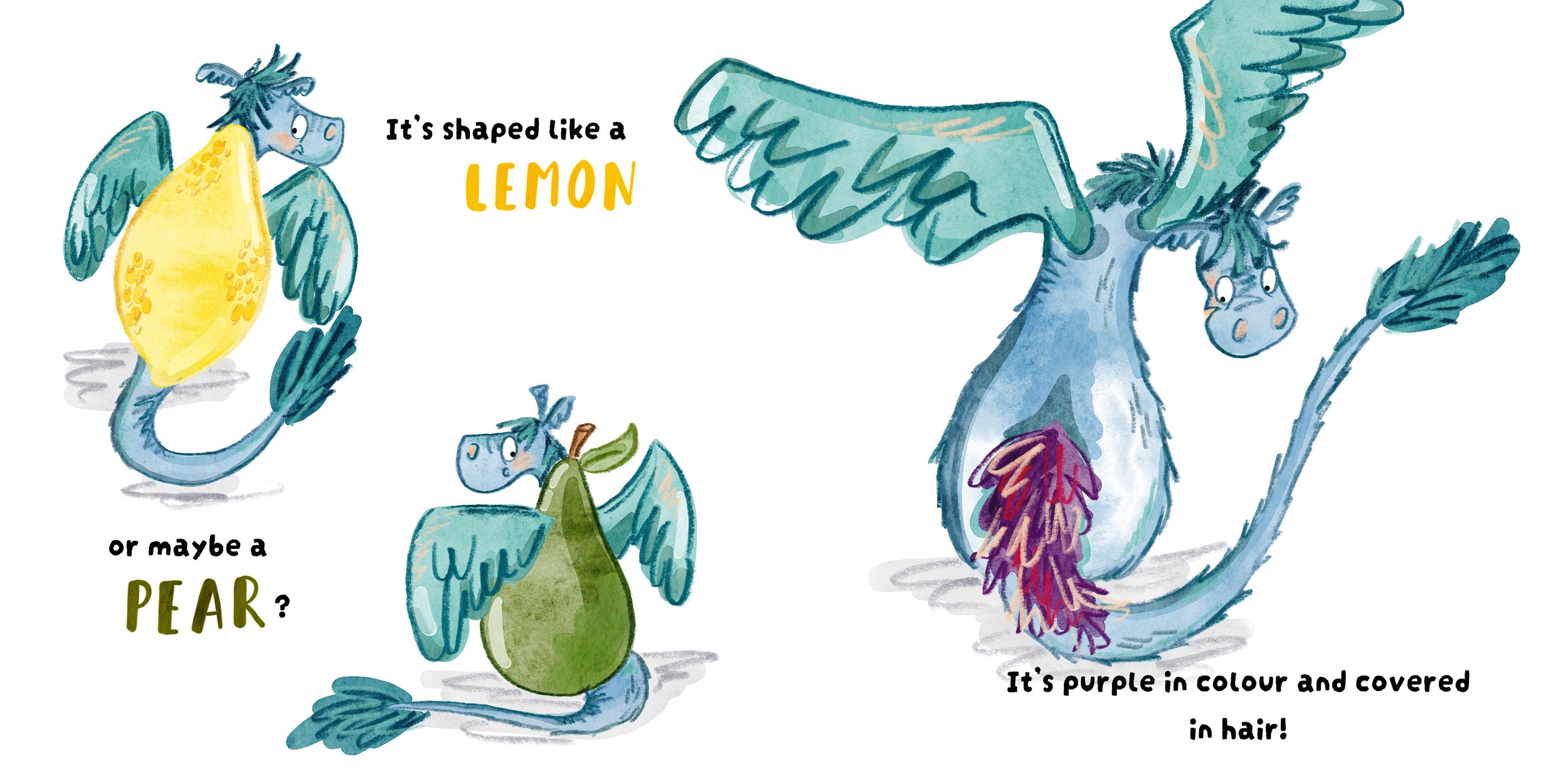Illustration of a mythical creature shaped like a lemon, a pear, and a purple-colored dragon with wings, a tail, and covered in purple hair. The lemon-shaped creature has wings, a face, and a tail. The pear-shaped creature has wings and a face. The purple dragon has wings, a face, and purple hair covering its body.