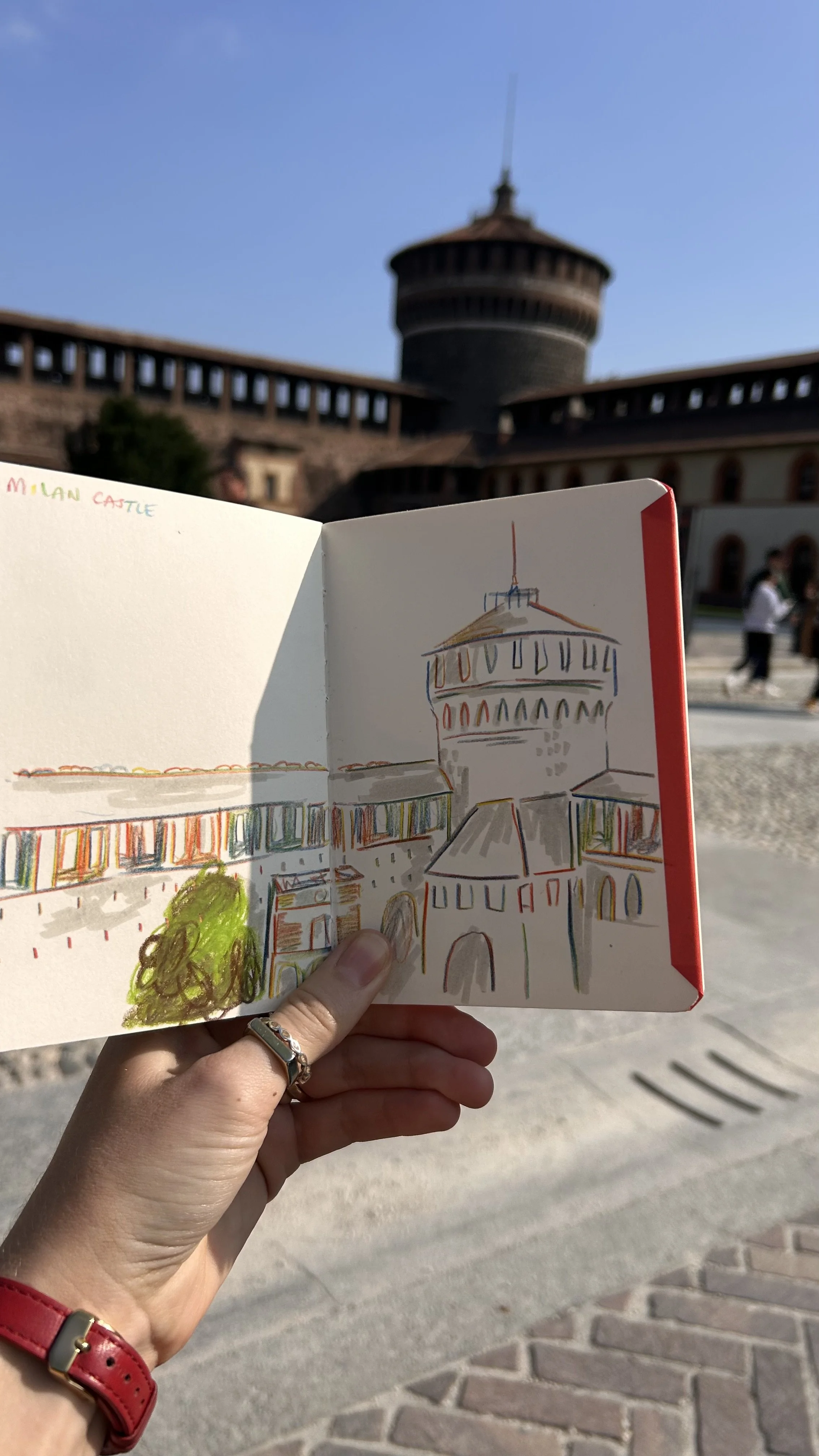Pencil sketch in a sketchbook of Sforza Castle in Milan, drawn by the artist during a trip to Milan