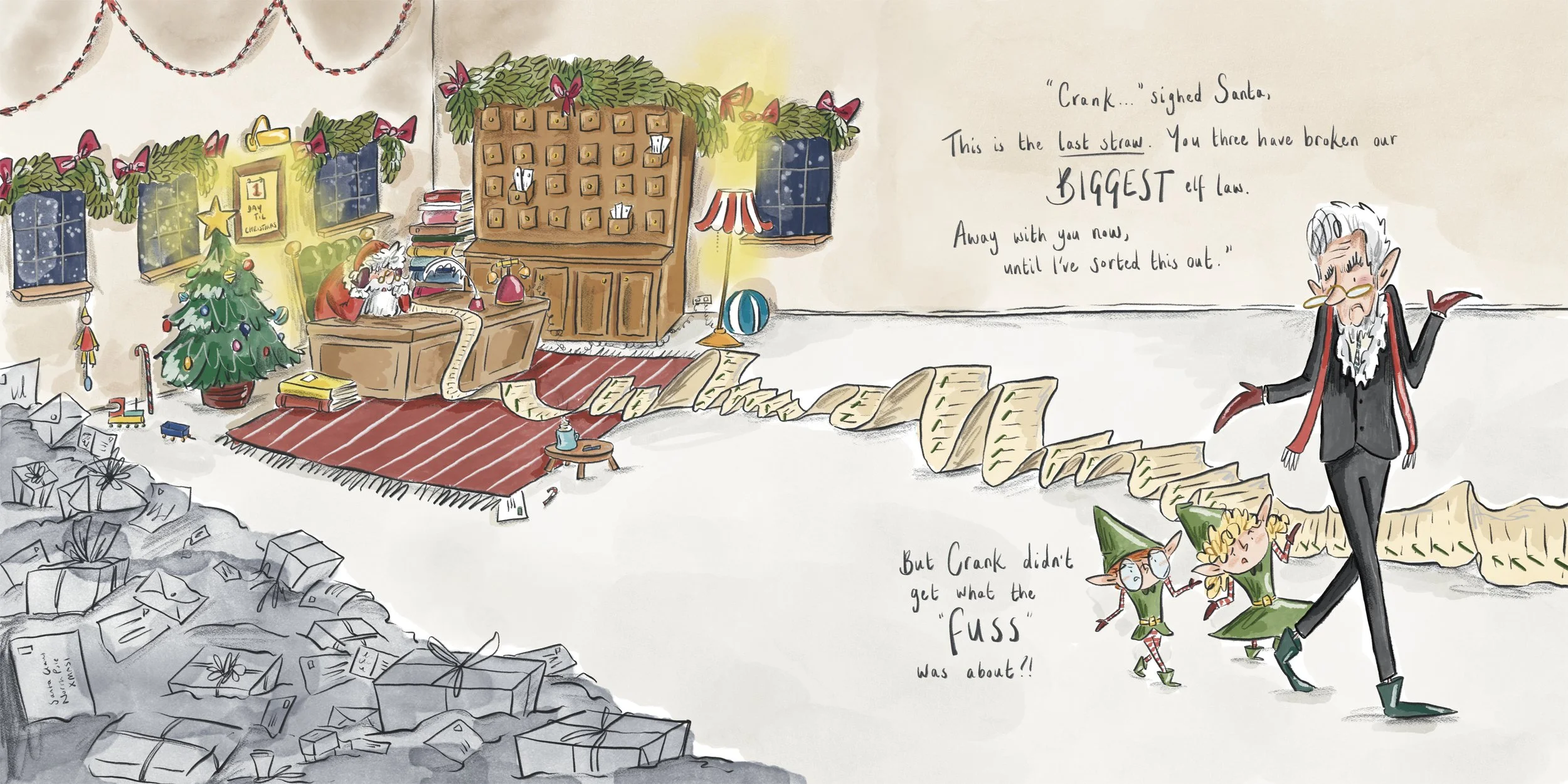 pencil and watercolour hand-drawn illustration for a children's picture book about Christmas