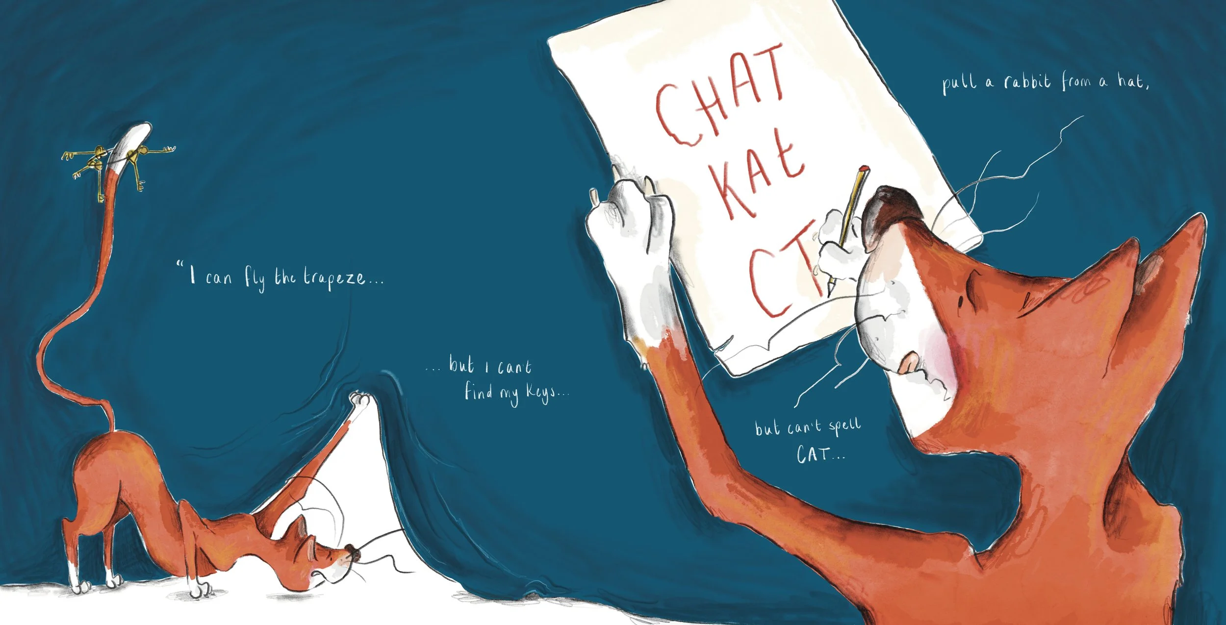 double page spread of a children's picture book featuring a bright orange alley cat Frank done with pencil and watercolour