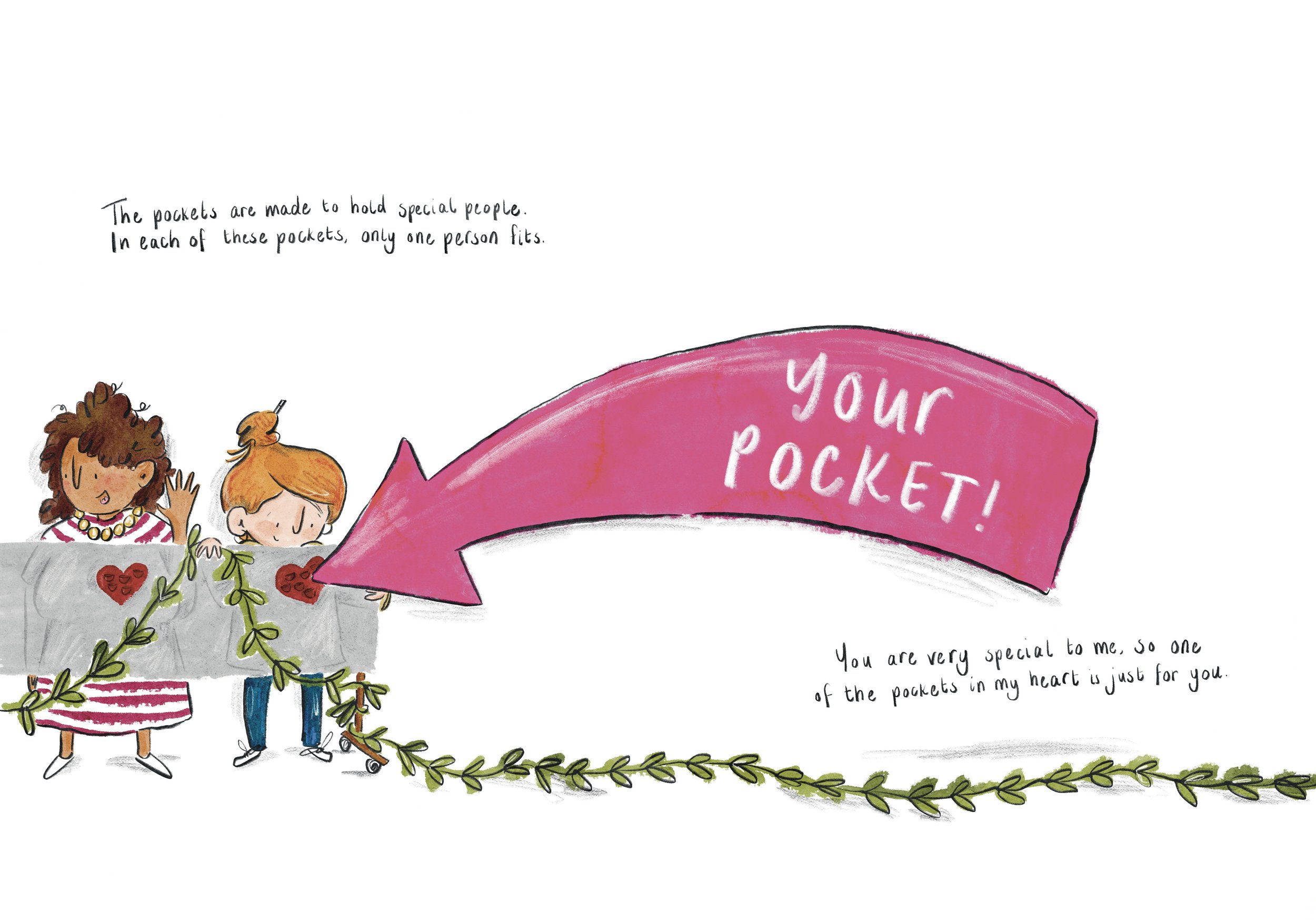 A drawing of two girls peeking into pockets with heart-shaped designs, connected by a green vine, with a pink banner reading 'your pocket!' and accompanying text about pockets for special people.