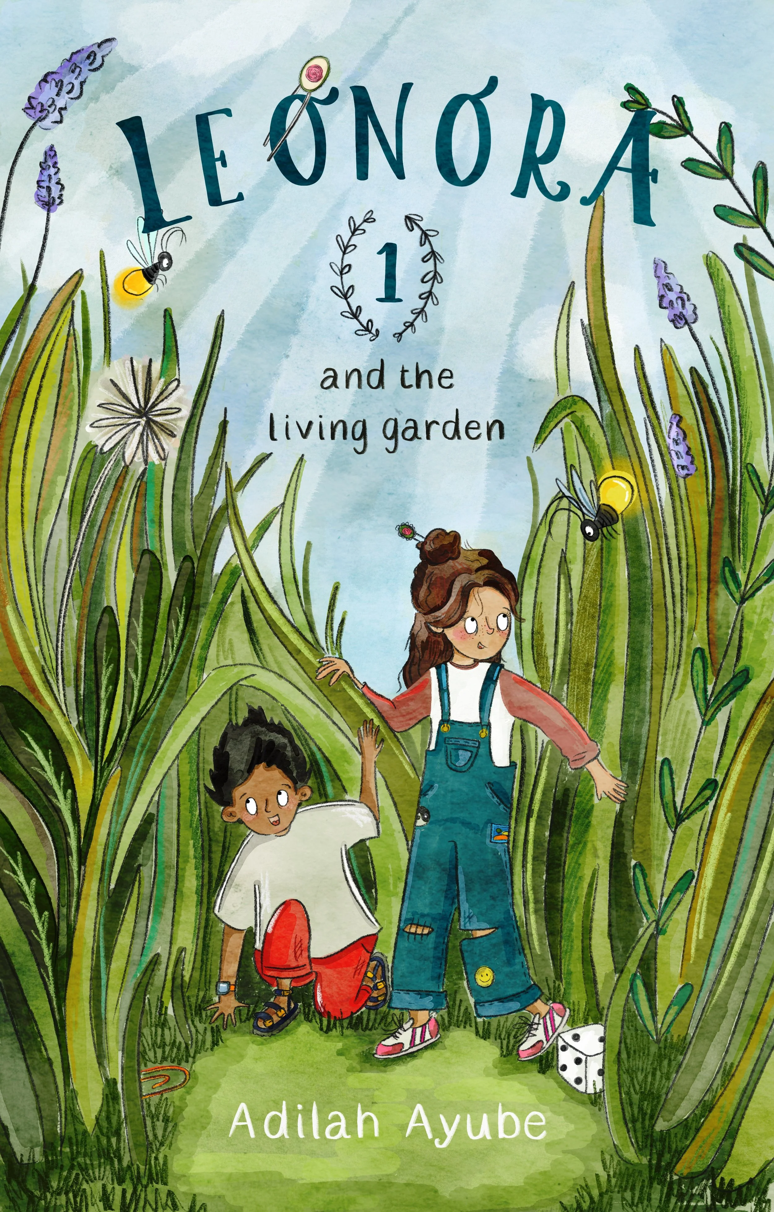 Illustration of two children in a garden surrounded by tall plants and flowers, with bees, a ladybug, and a die on the ground. The title is 'Leñora 1 and the Living Garden' by Adilah Ayube.