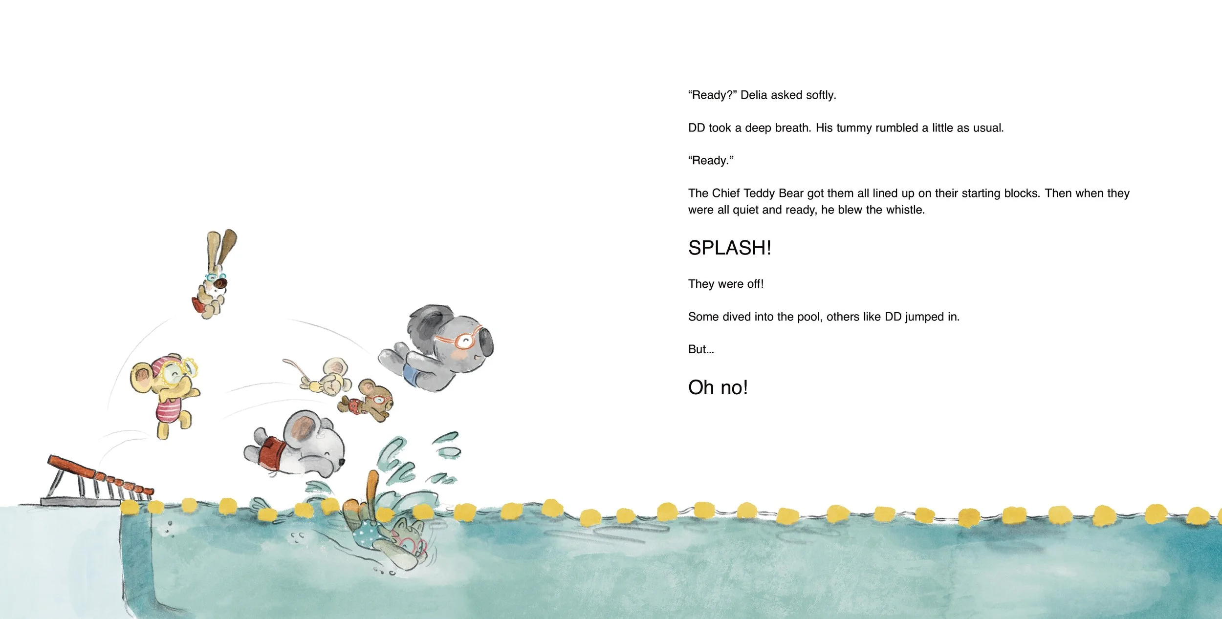 illustrated animals and teddy bears jumping into swimming pool