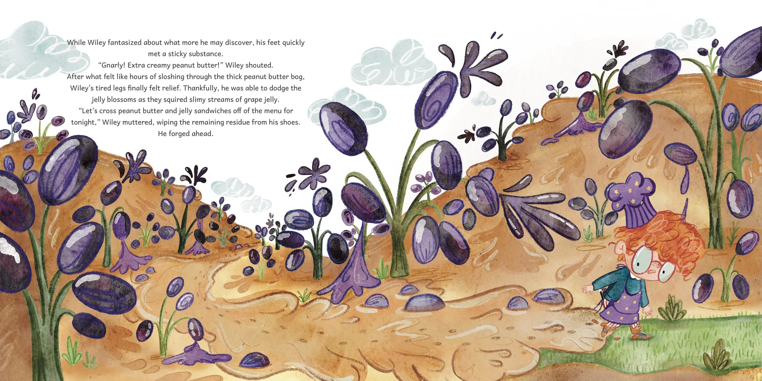 A colorful illustrated scene with purple flower-like plants growing on brown soil, with a small girl with curly red hair, glasses, a purple mushroom hat, green jacket, purple dress, and brown shoes standing on the grass at the bottom right. There are scattered clouds in the sky, and text on the left describing a story involving a character named Wiley.